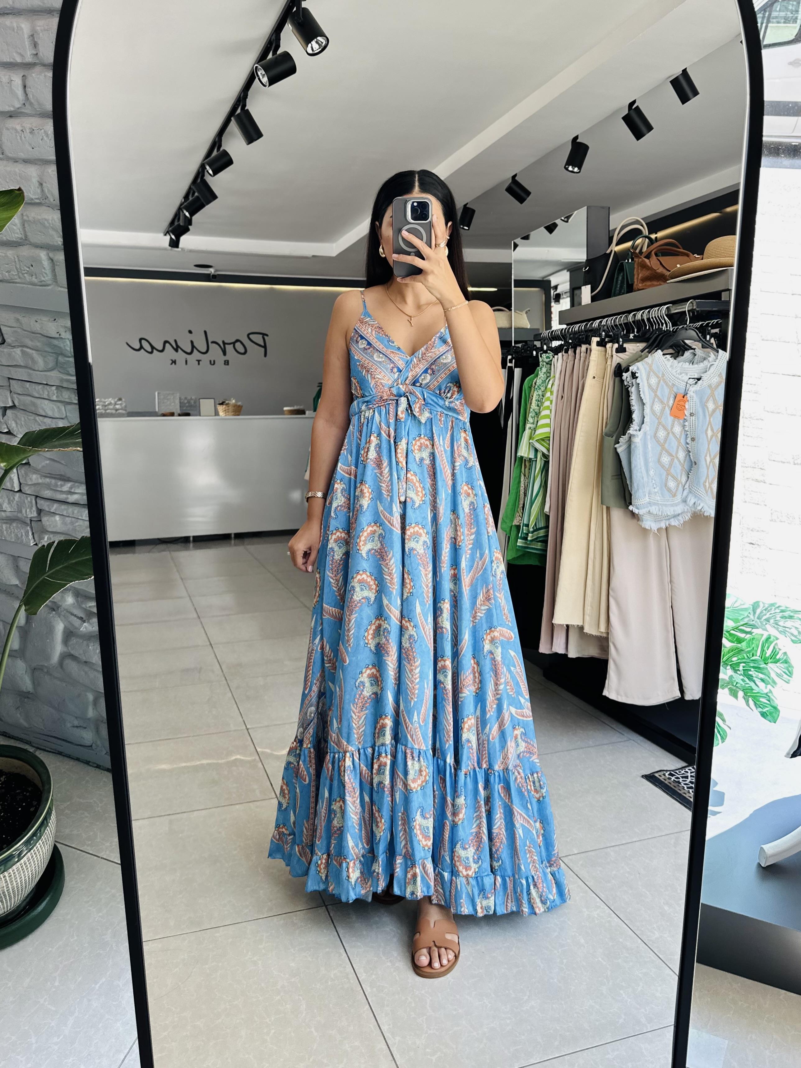 Mavi Etnik Desen Premium Elbise