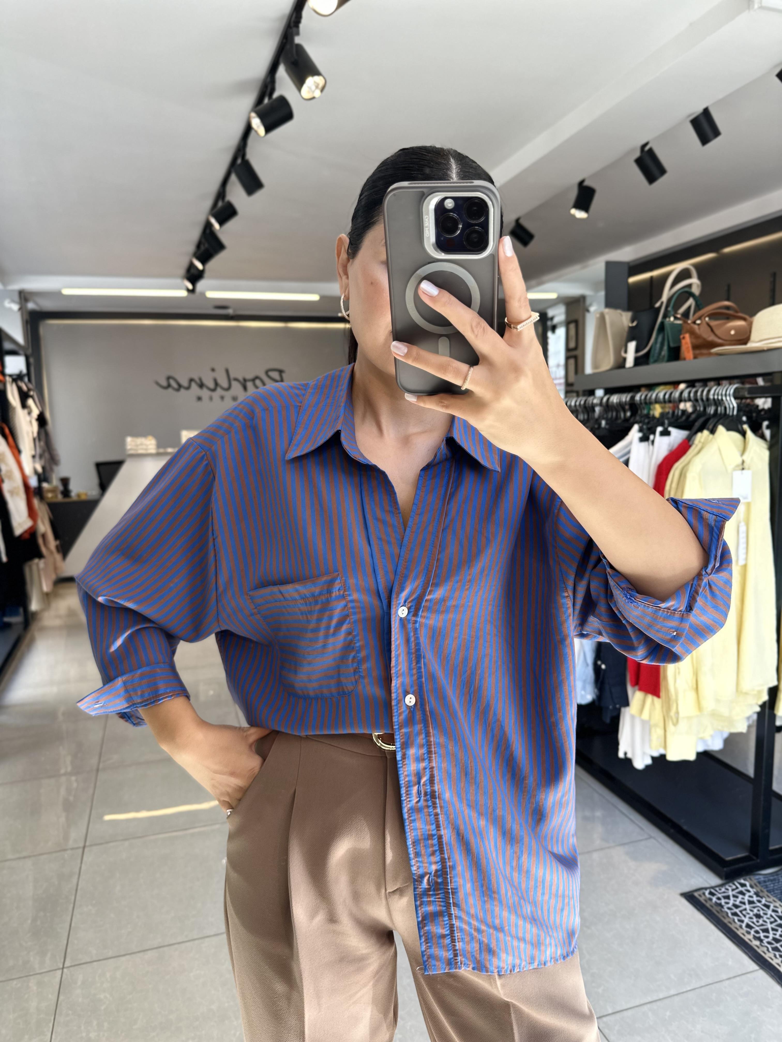 Mavi Kahve Çizgili Oversize Gömlek