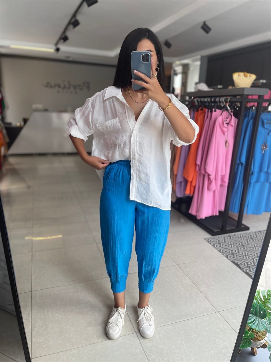 Mavi Paça Pileli Beli Bağcıklı Pantolon