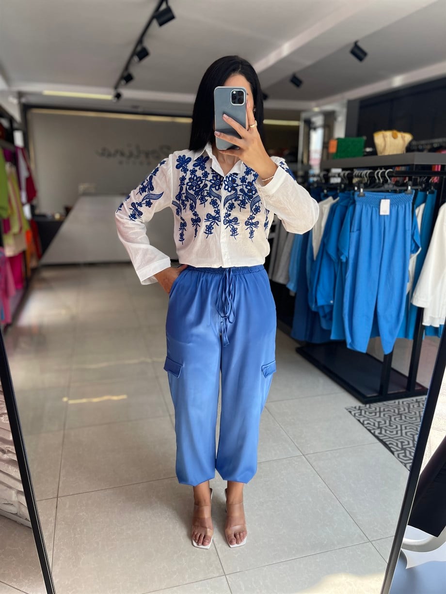 Mavi Saten Cepli Şalvar Pantolon