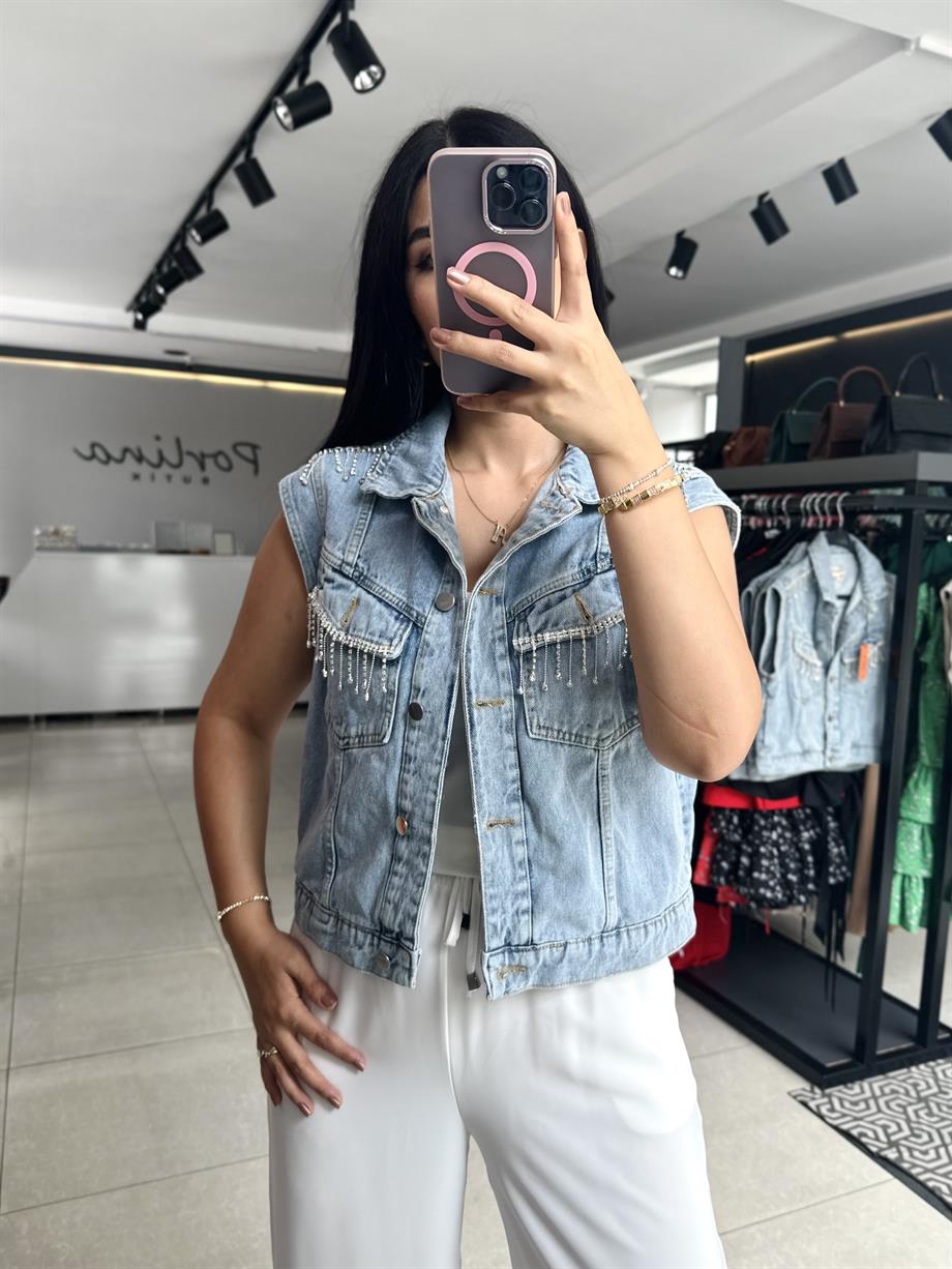 Mavi Taş Detaylı Kot Yelek