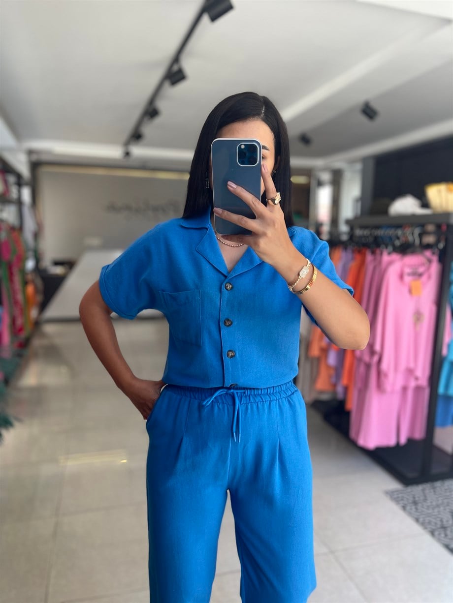 Mavi Yarasa Kol Keten Gömlek