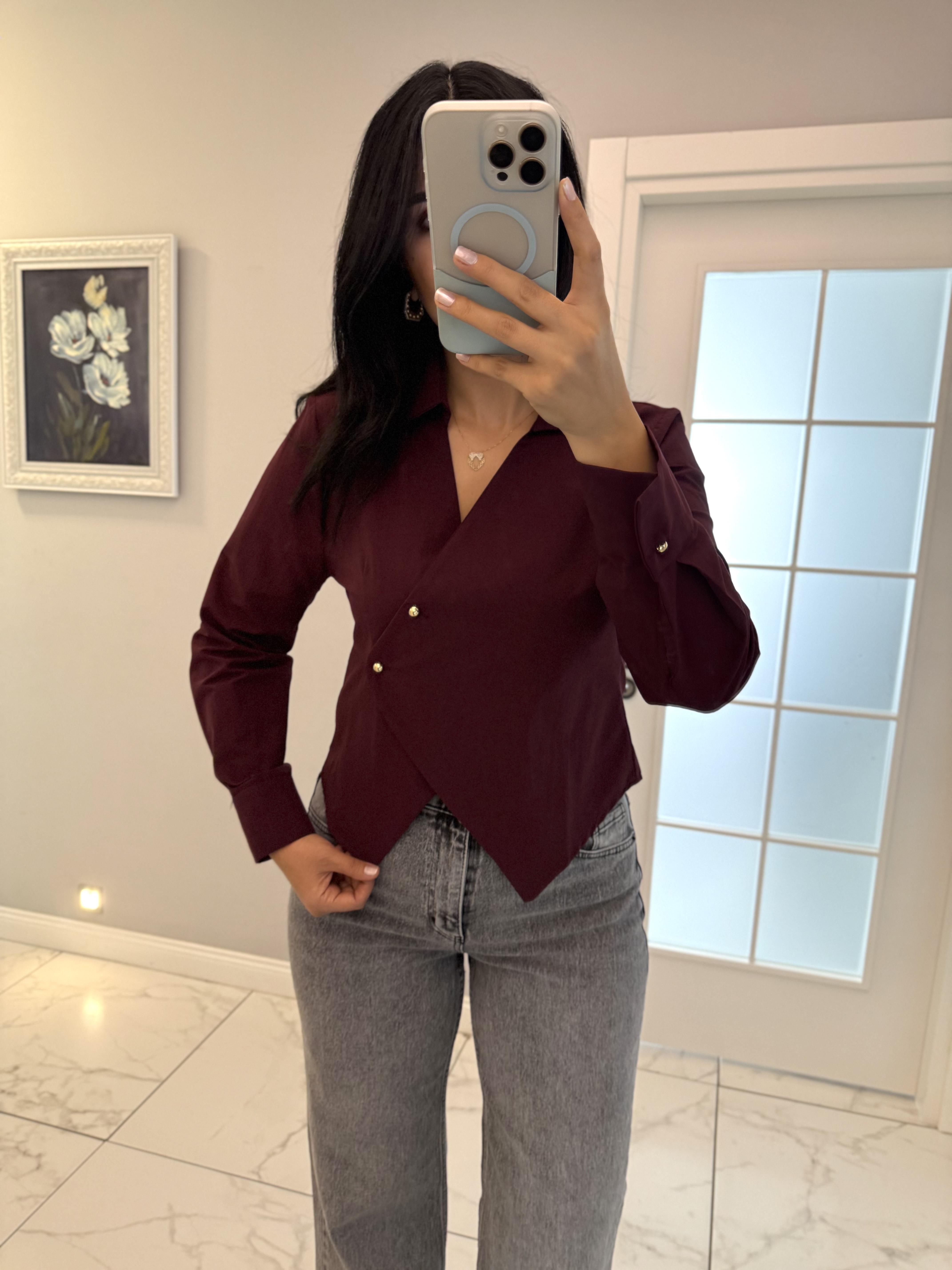 Mürdüm Gold Düğmeli Asimetrik Gömlek