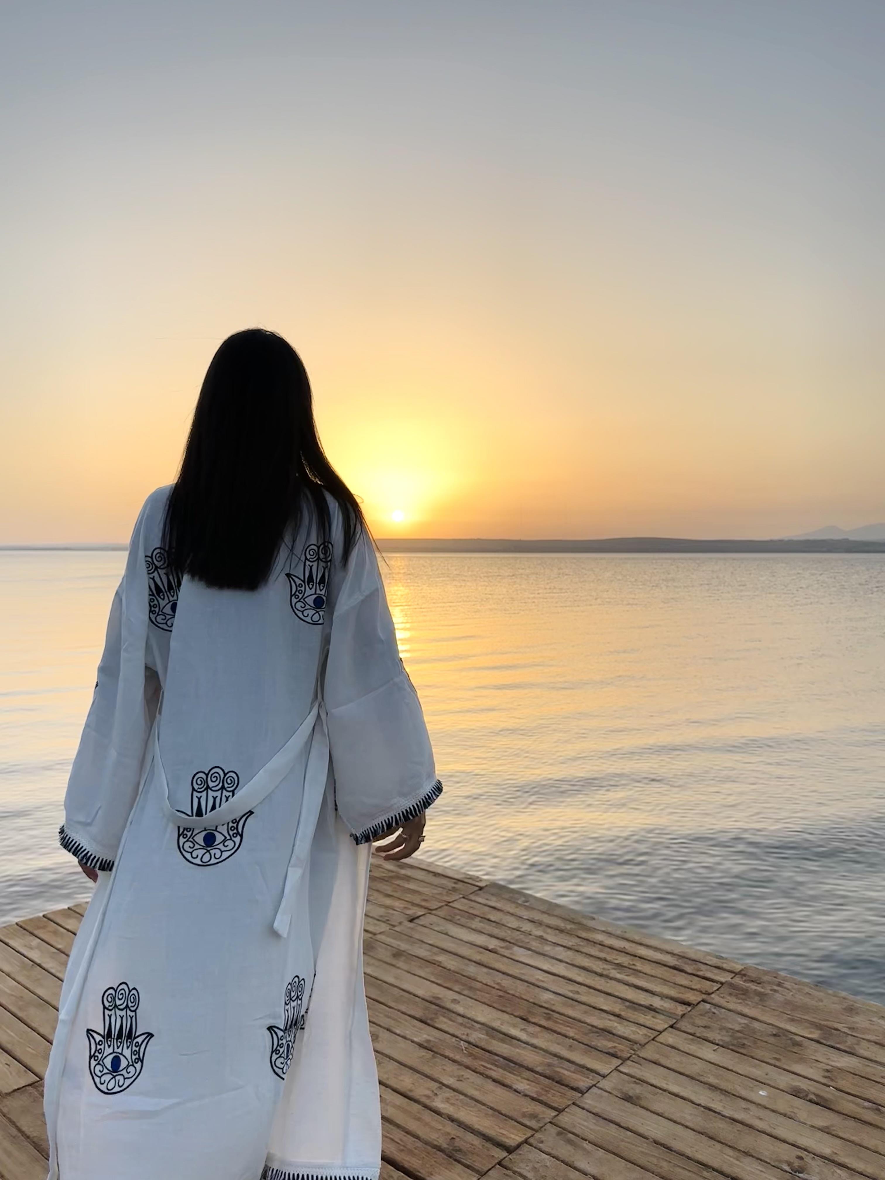 Naturel Nakış Detaylı Uzun Keten Kimono