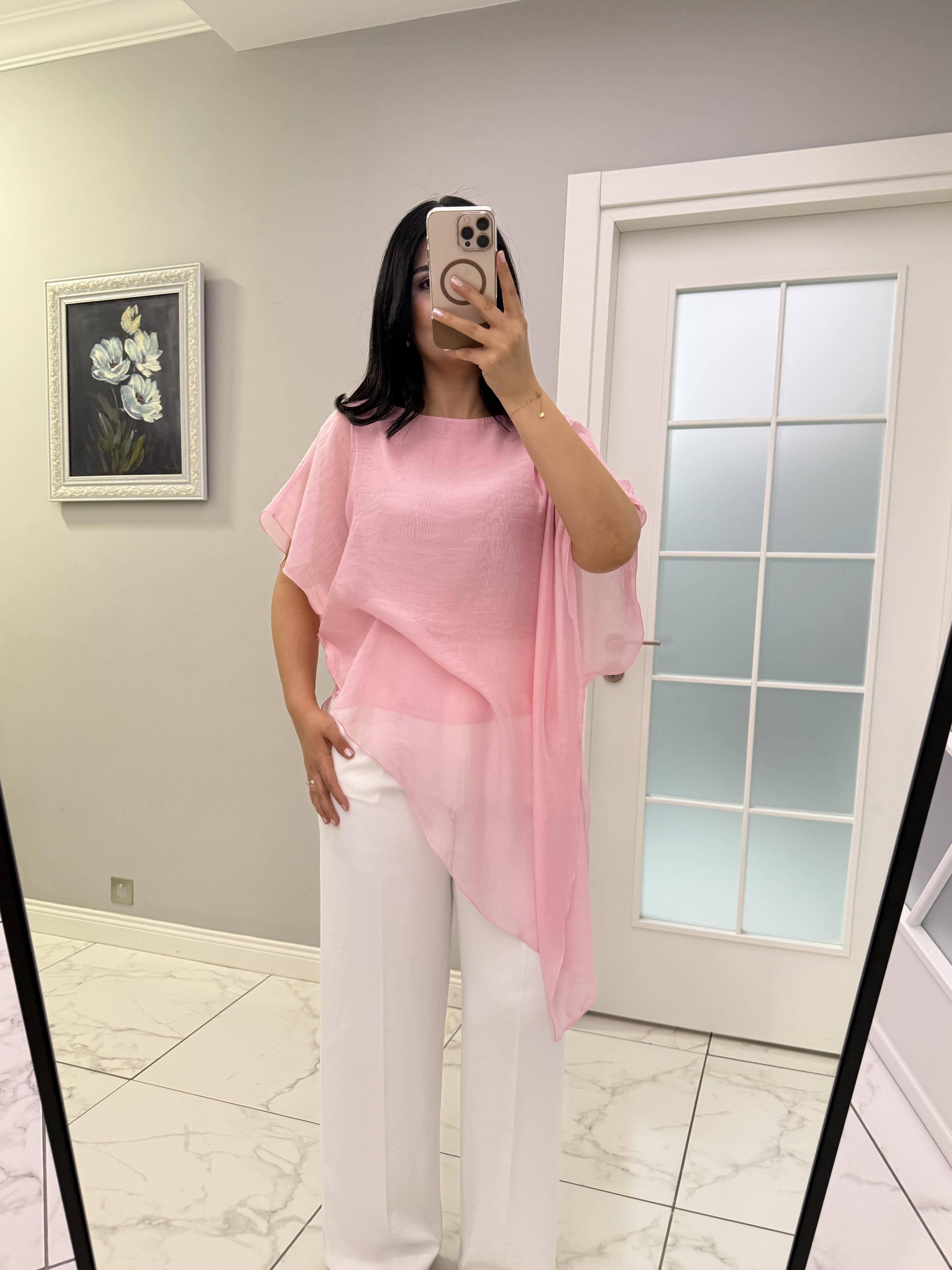Pembe Asimetrik Kesim Şifon Bluz
