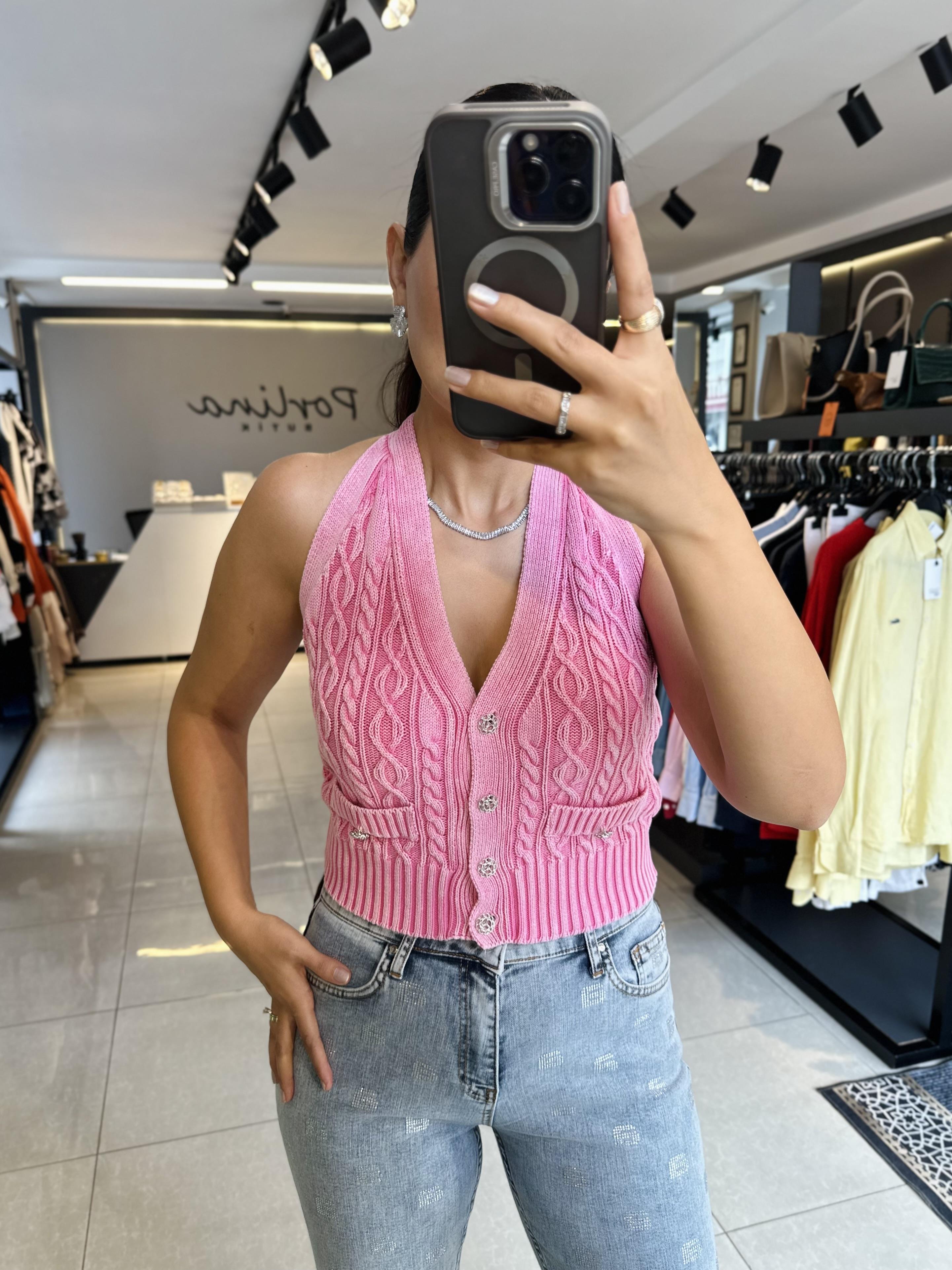 Pembe Halter Yaka Yıkamalı Triko Yelek