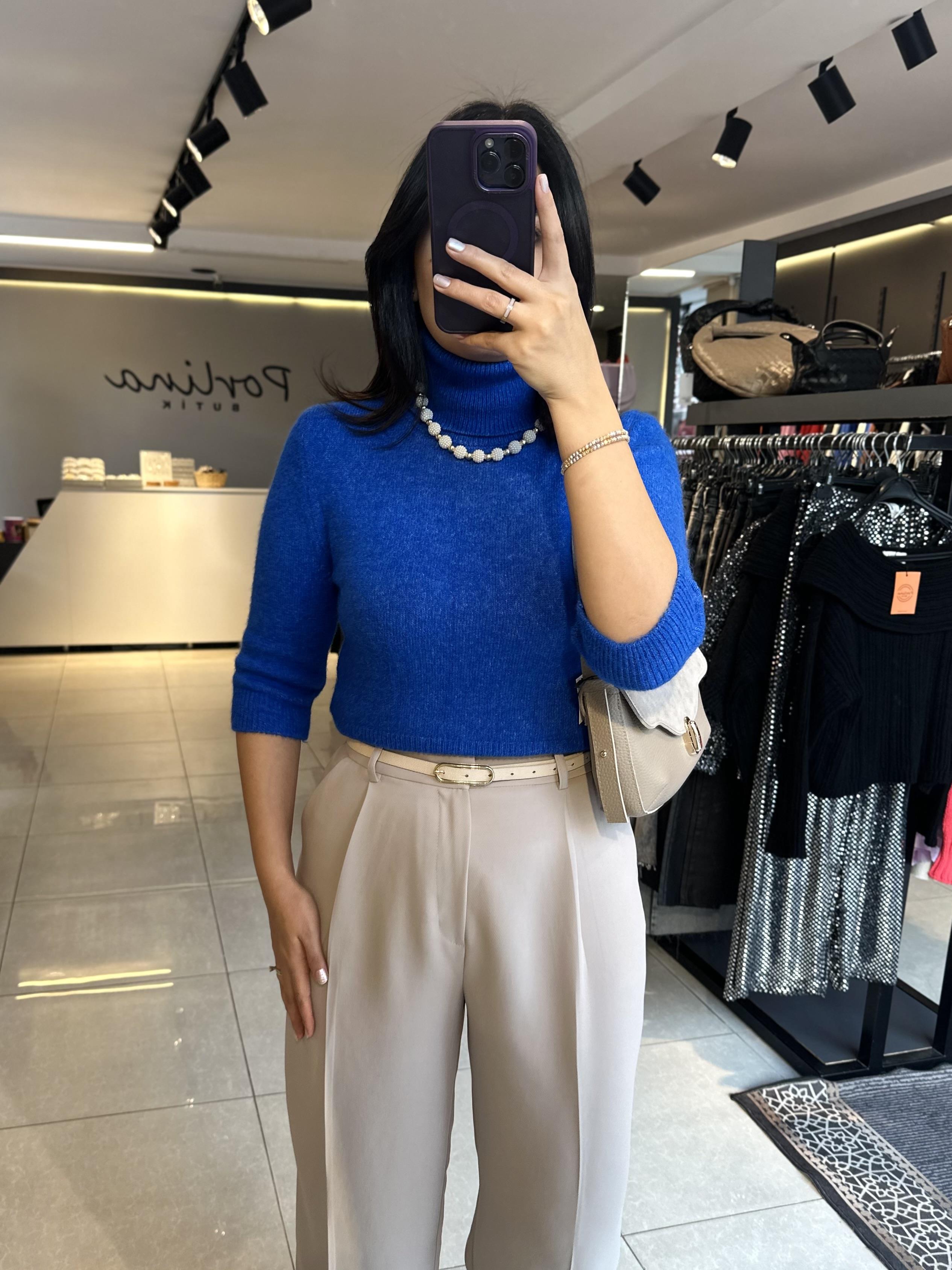 Saks Balıkçı Yaka Kısa Kollu Dilvin Triko Kazak