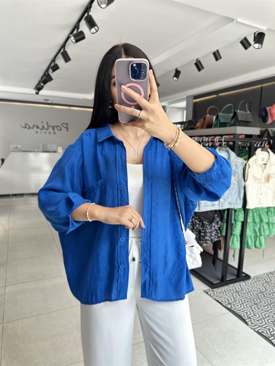 Saks Tensel Kumaş Düşük Omuzlu Oversize Gömlek