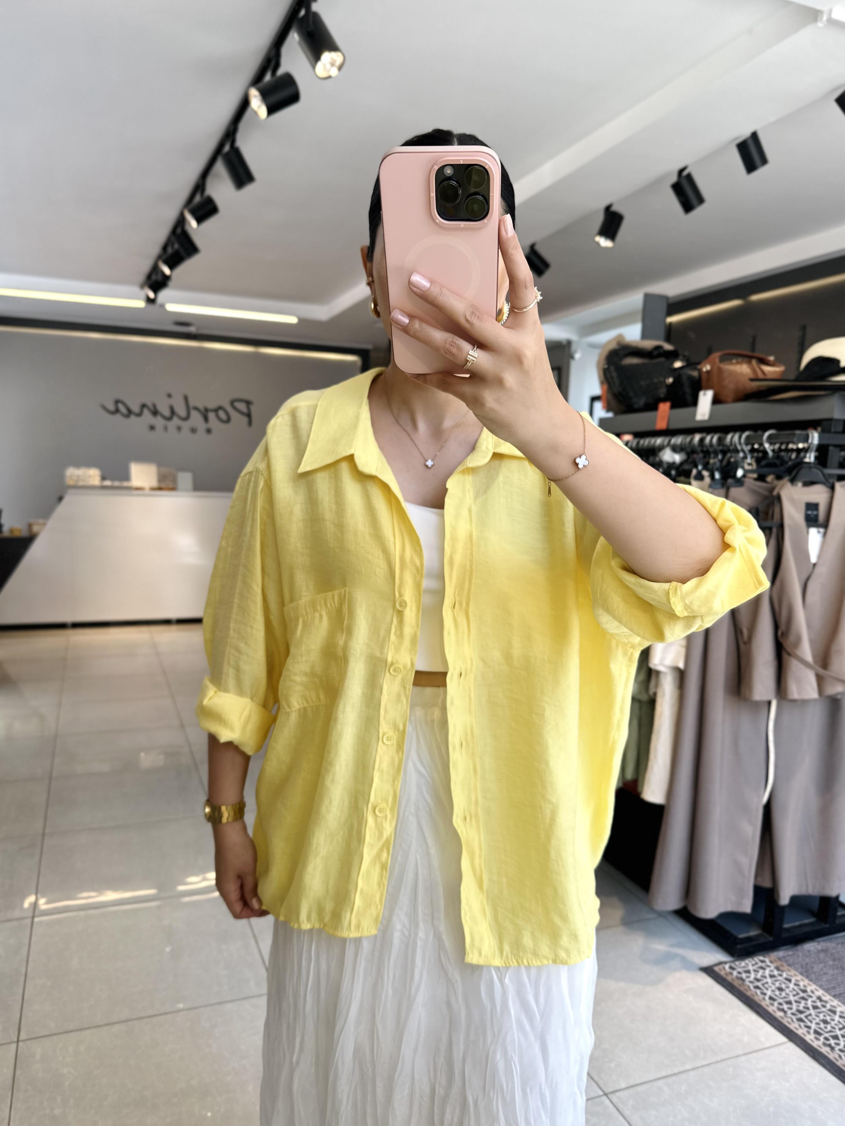 Sarı Tensel Kumaş Düşük Omuzlu Oversize Gömlek