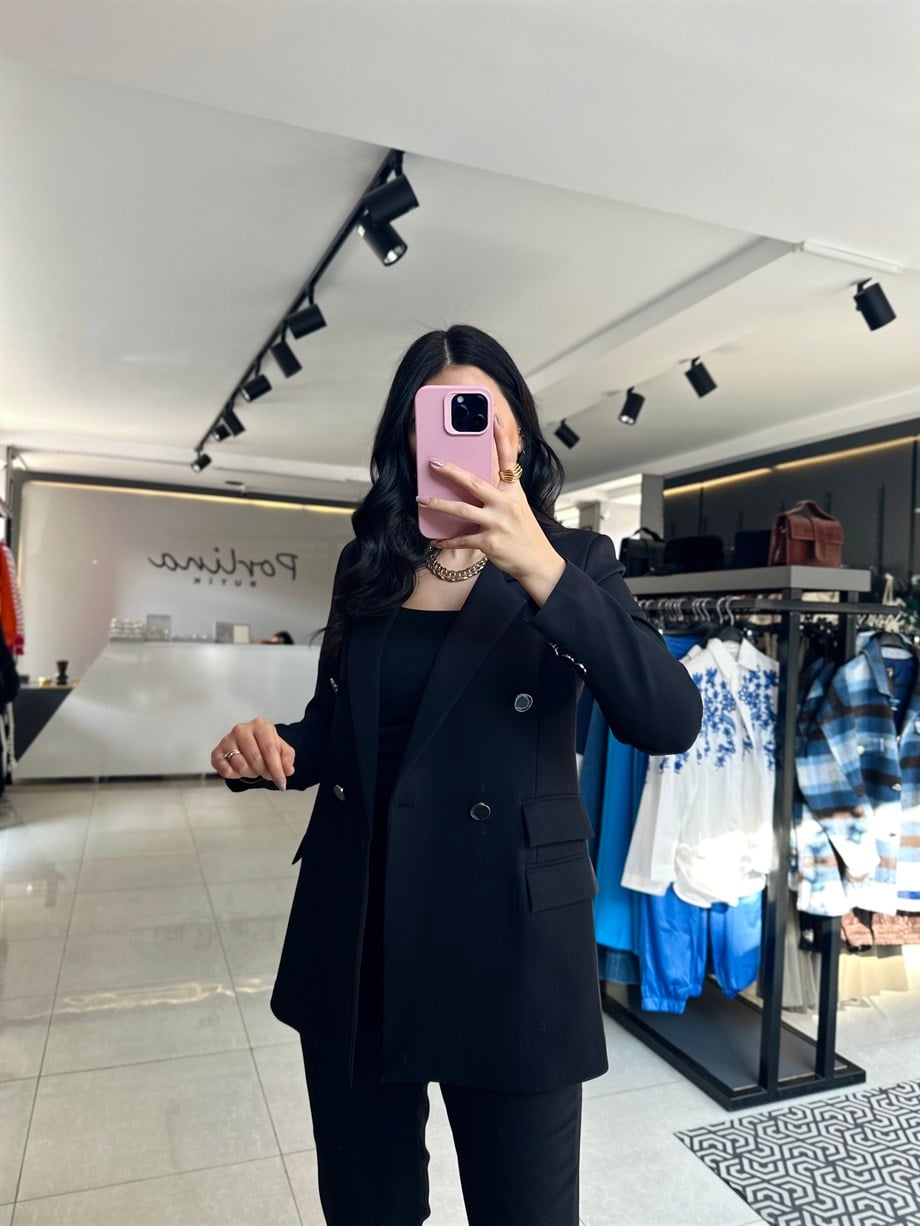 Siyah Atlas Kumaş Çift Cep Blazer Ceket