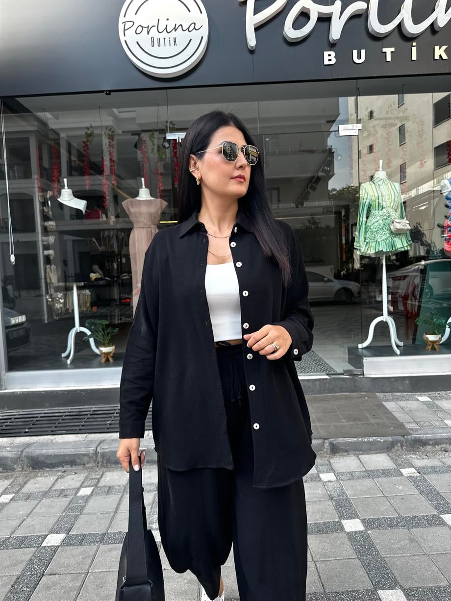Siyah Keten Oversize Gömlek