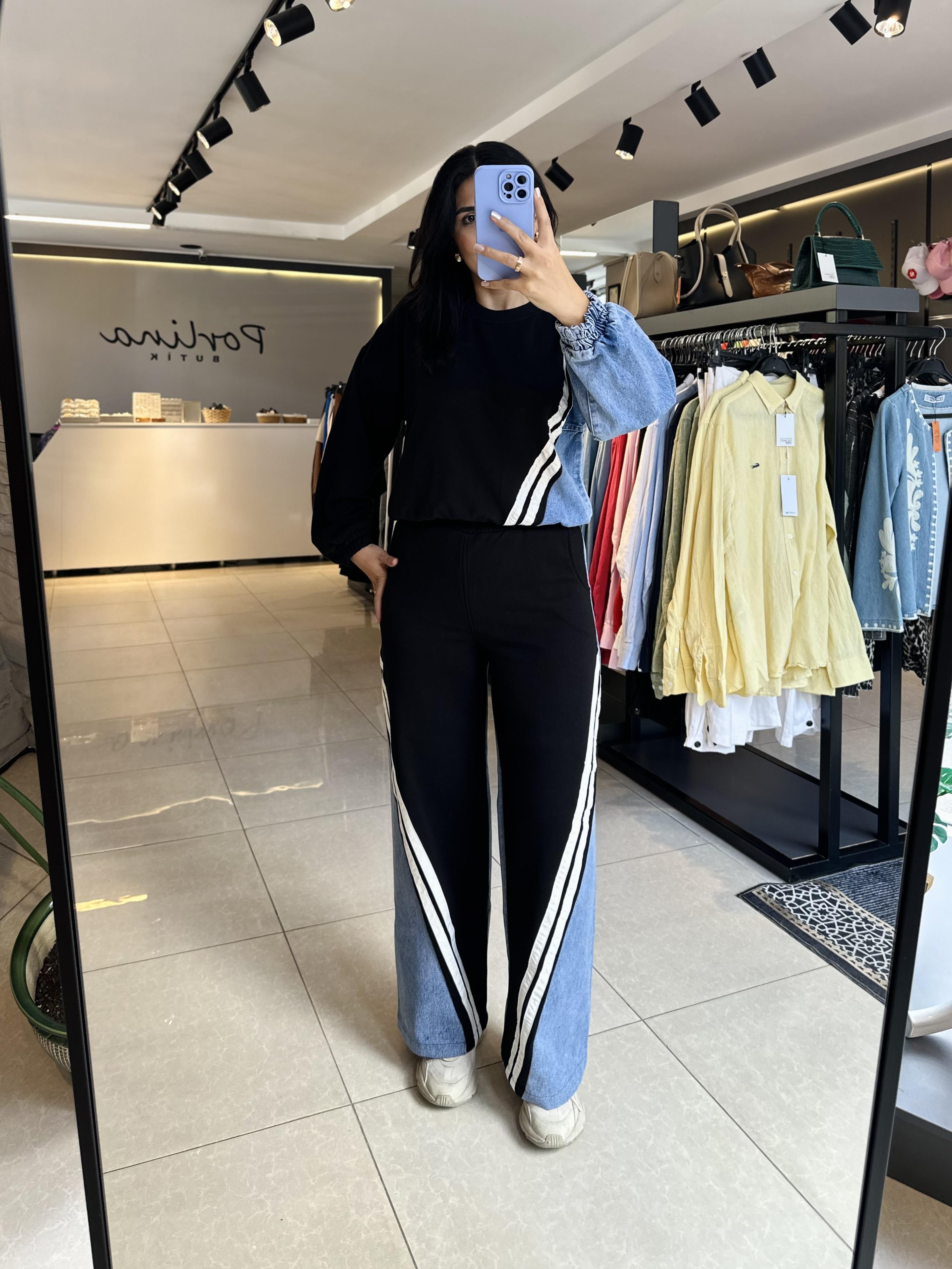 Siyah Kot Karışımlı Eşofman Takımı