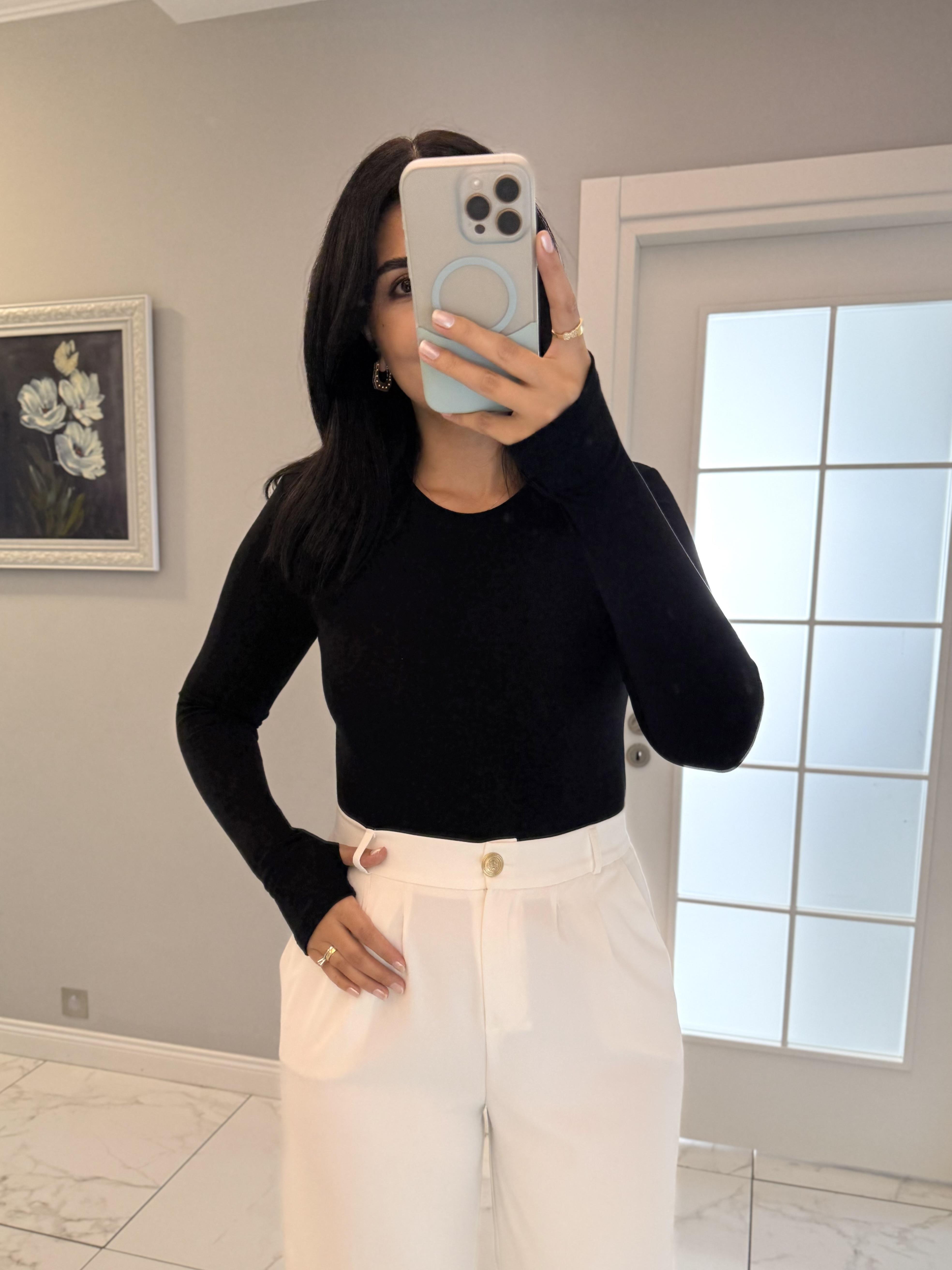 Siyah Massimo Bisiklet Yaka Parmak Geçmeli Bodysuit 