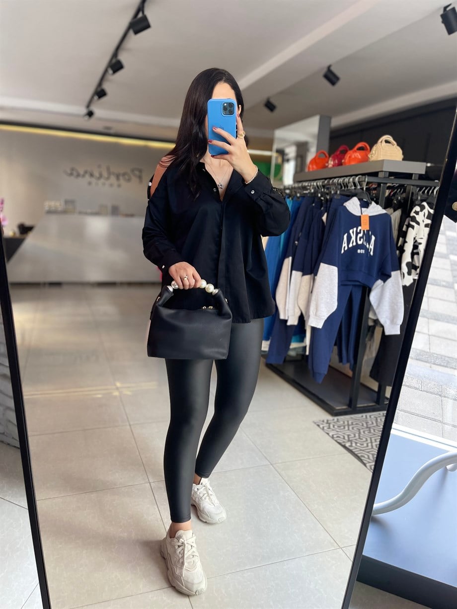 Siyah Mat İçi Şardonlu Toparlayıcı Deri Tayt