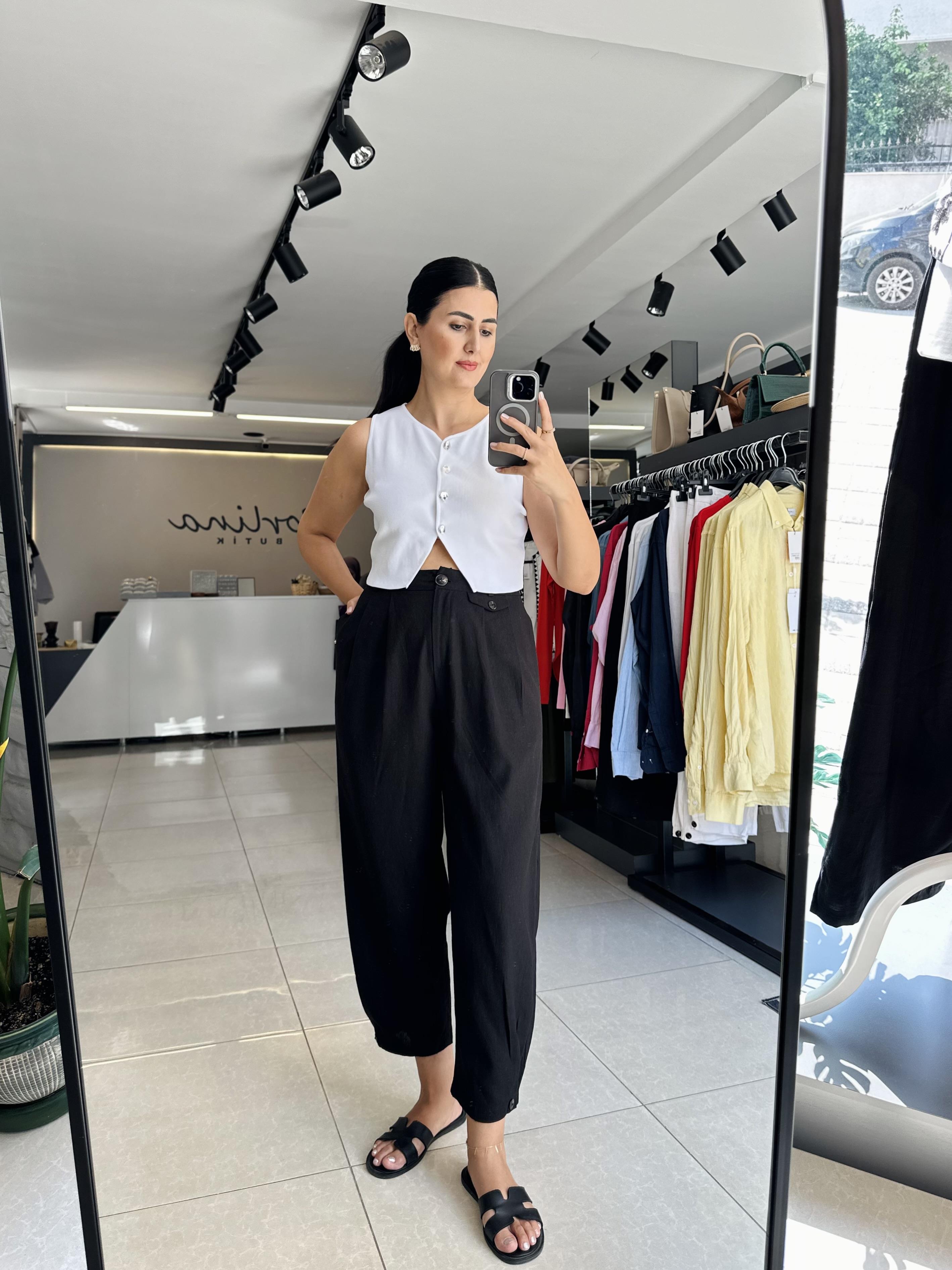 Siyah Paça Düğmeli Keten Pantolon