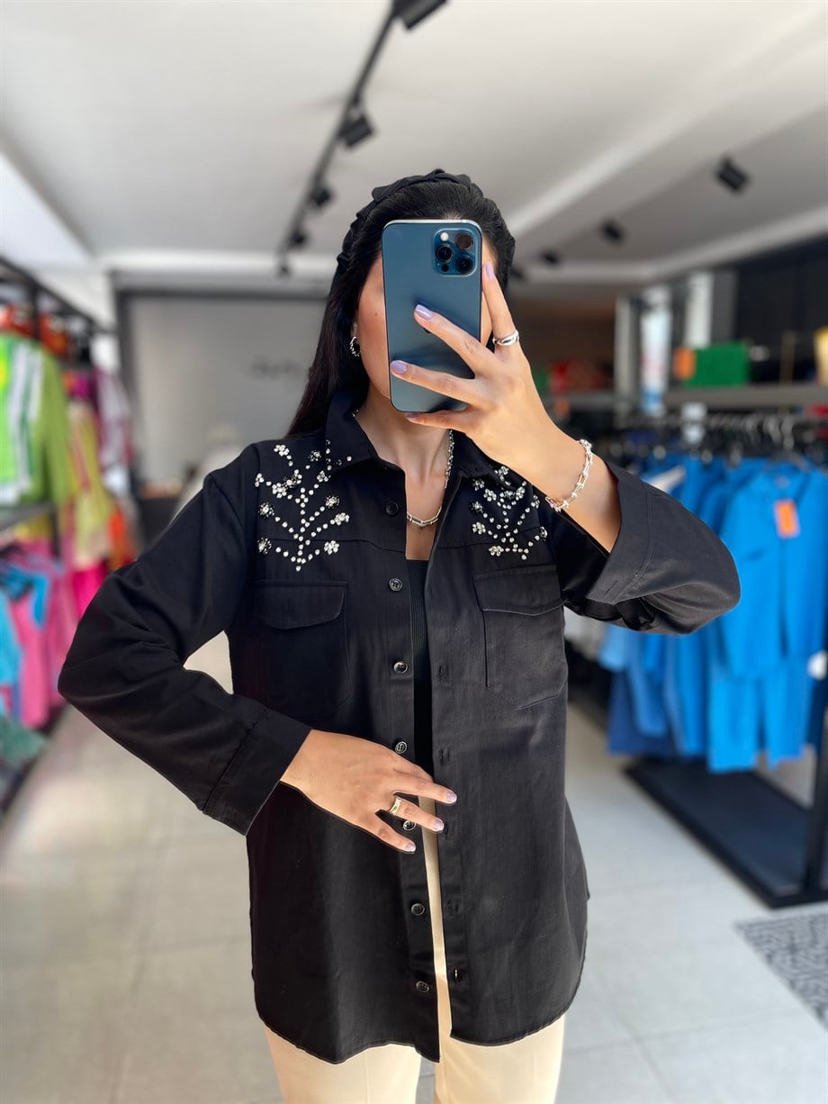 Siyah Tasarım Taş İşlemeli Denim Ceket