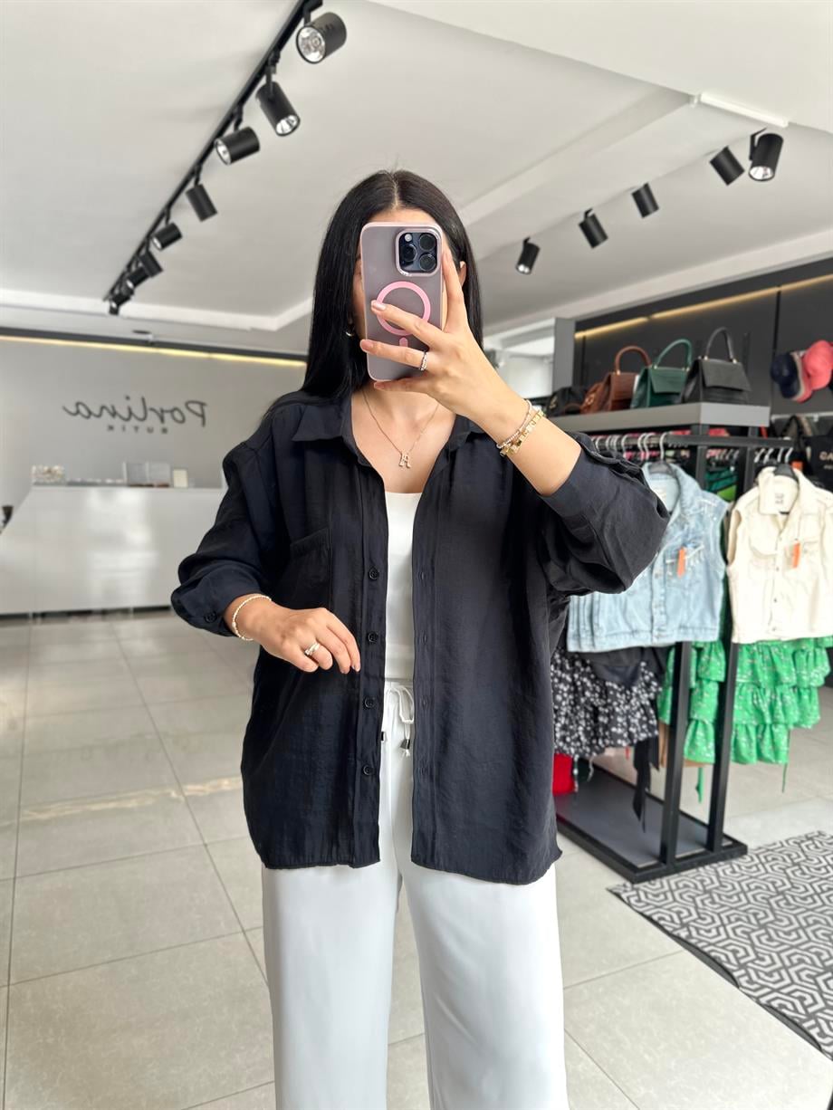 Siyah Tensel Kumaş Düşük Omuzlu Oversize Gömlek