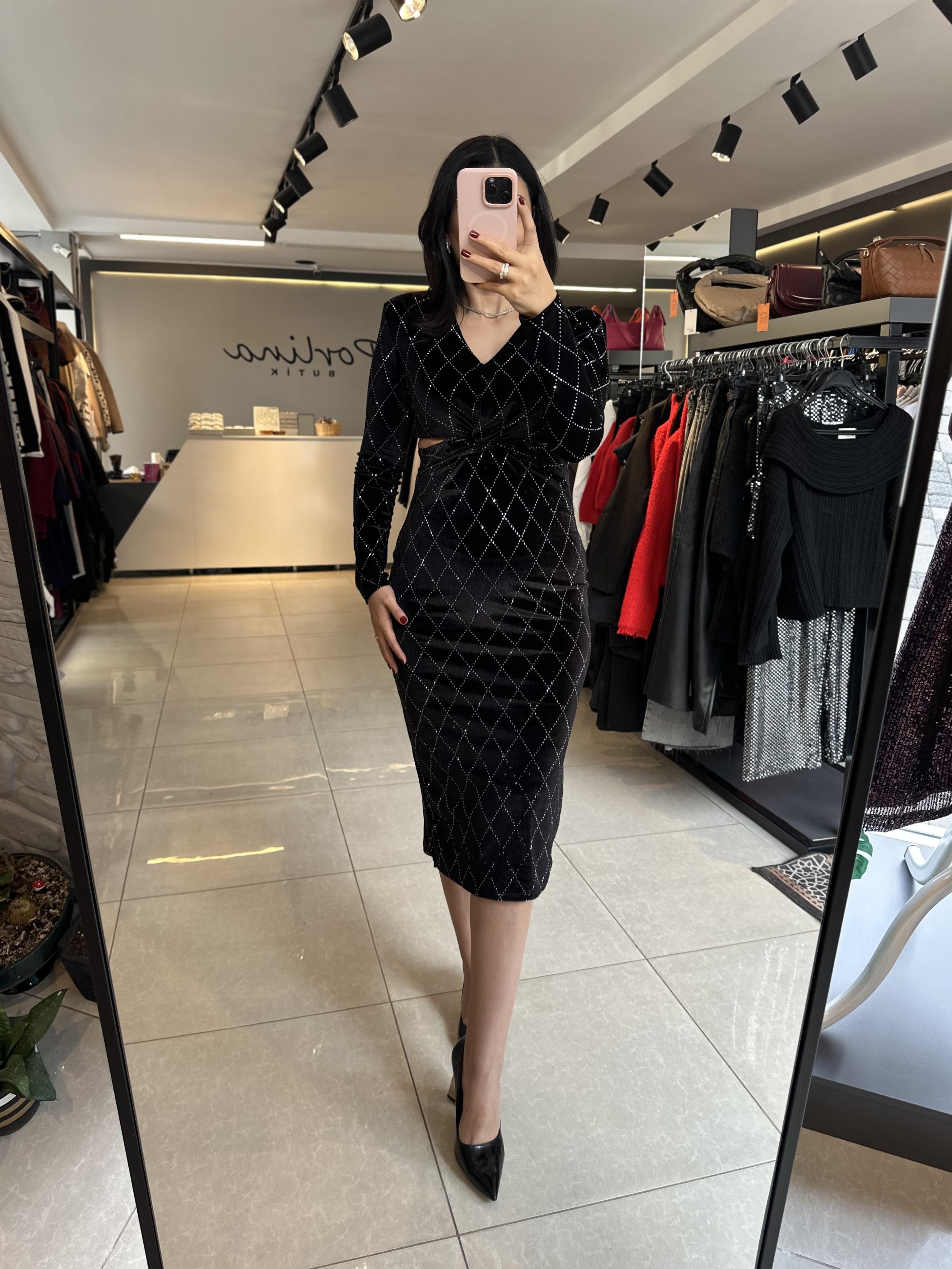 Siyah ZR Kadife Elbise