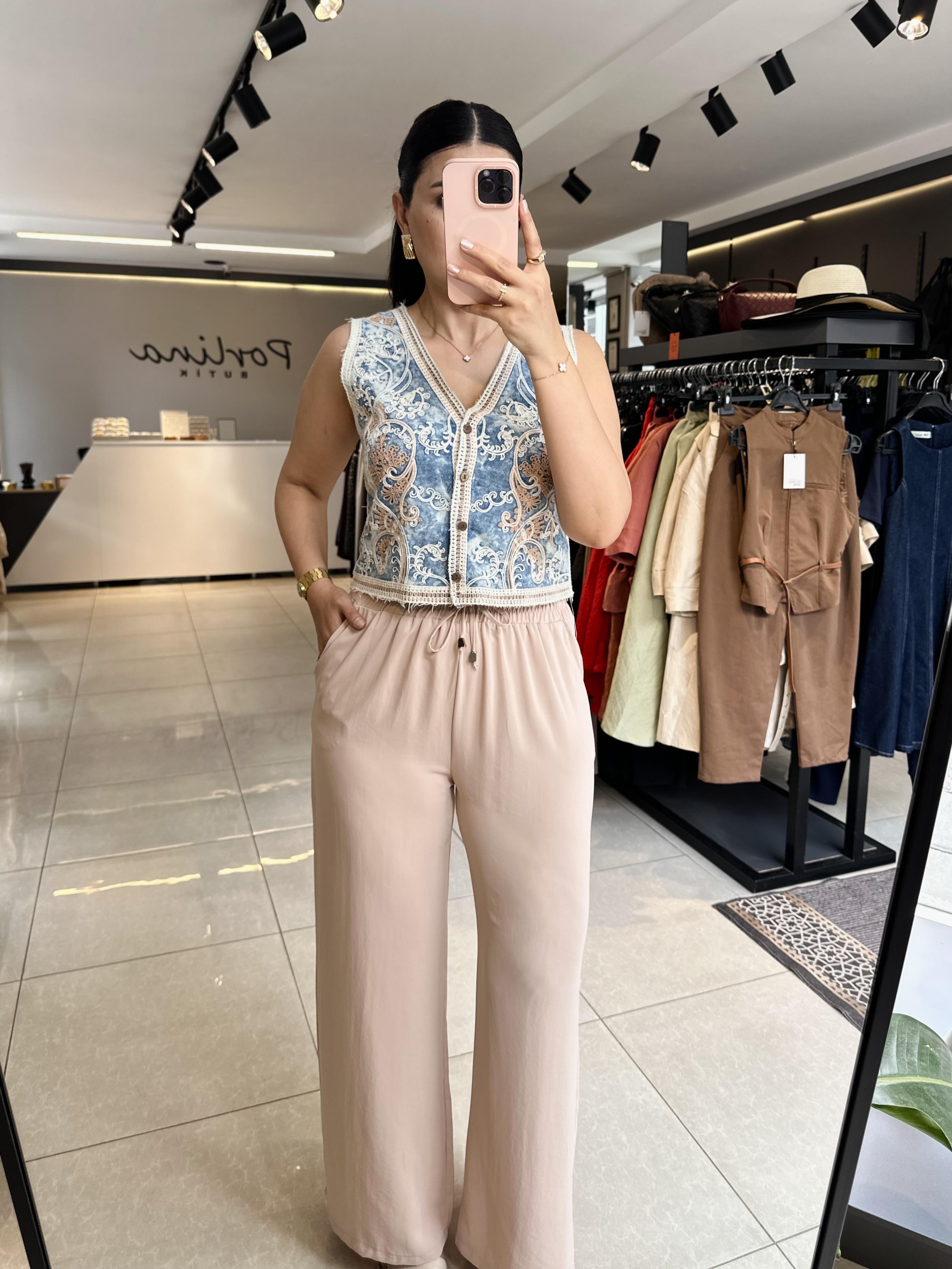 Sütlü Kahve Beli Lastikli Bol Paça Pantolon
