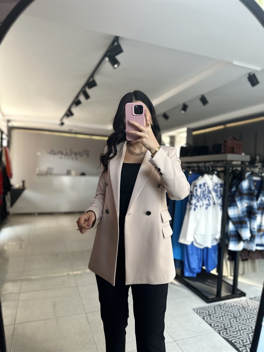 Taş Rengi Atlas Kumaş Çift Cep Blazer Ceket