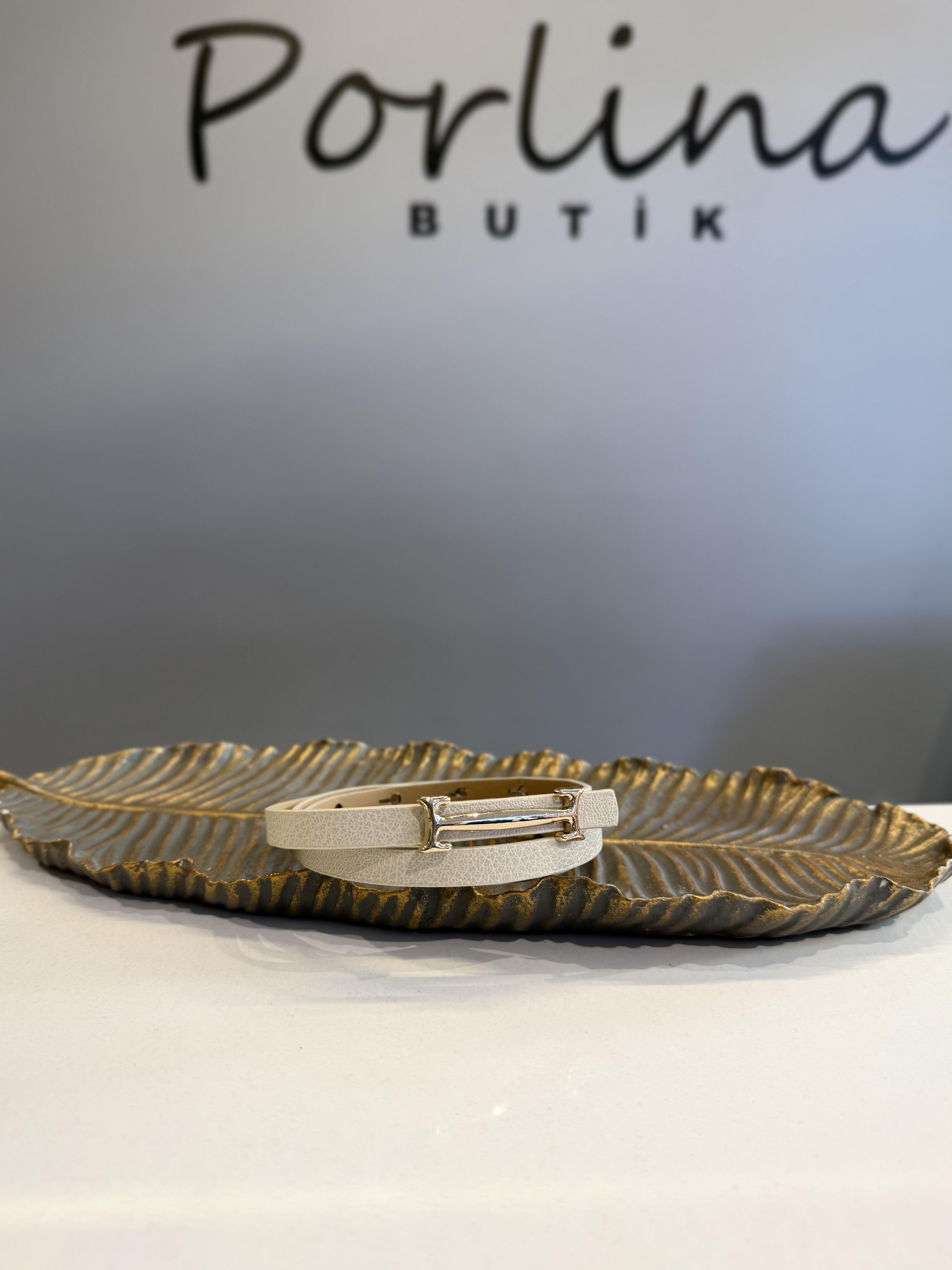 Taş Renk Gold Uzun Tokalı İnce Kemer