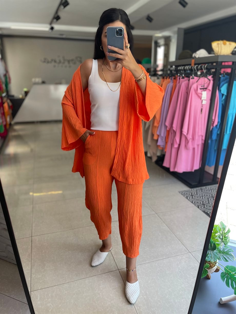 Turuncu Gofreli Kimono Takım