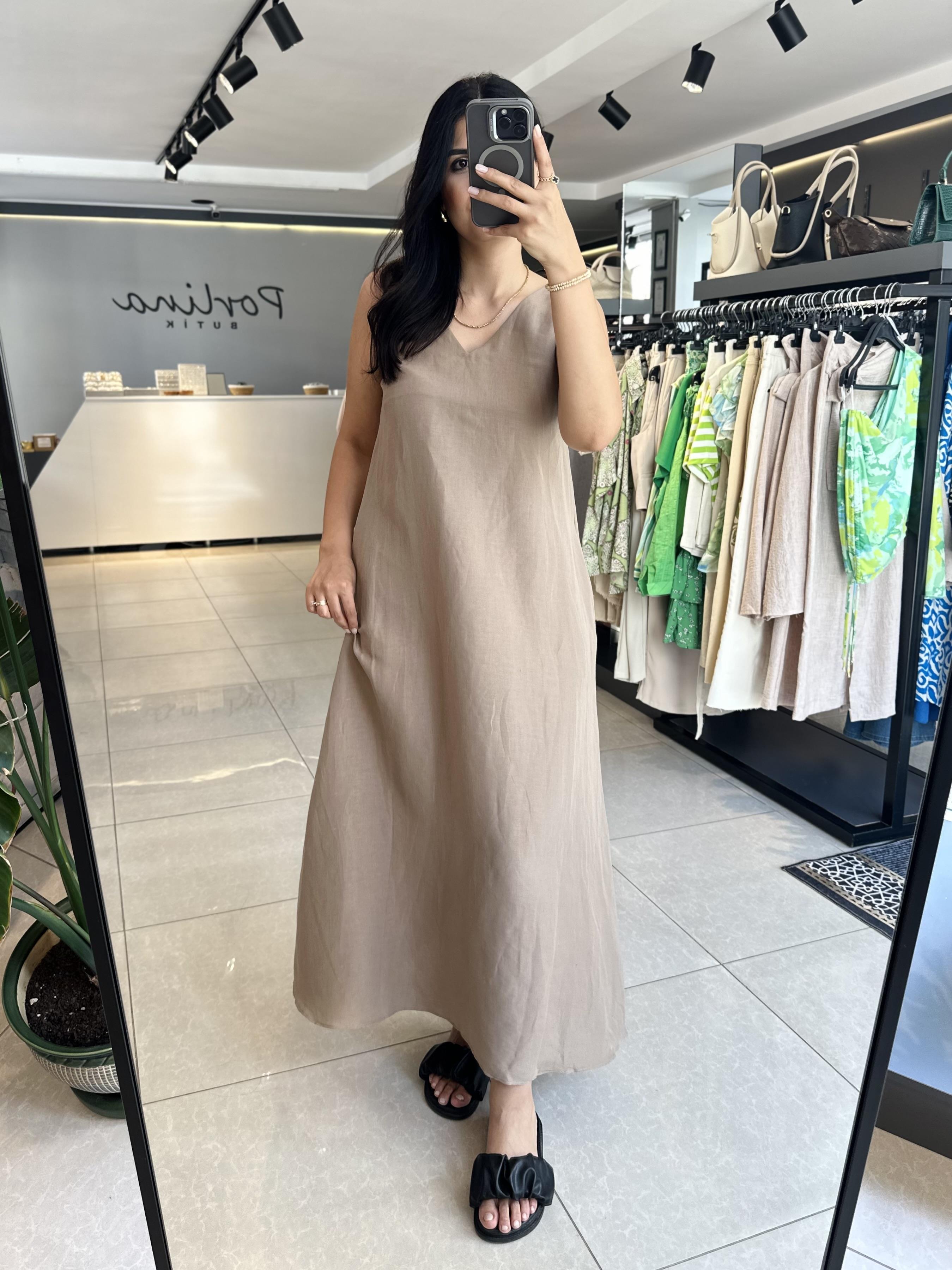 Vizon Renk Maxi Boy Keten Elbise