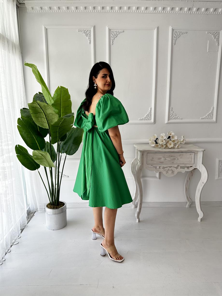 Yeşil Arkası Kurdele Balon Kol Midi Boy Elbise