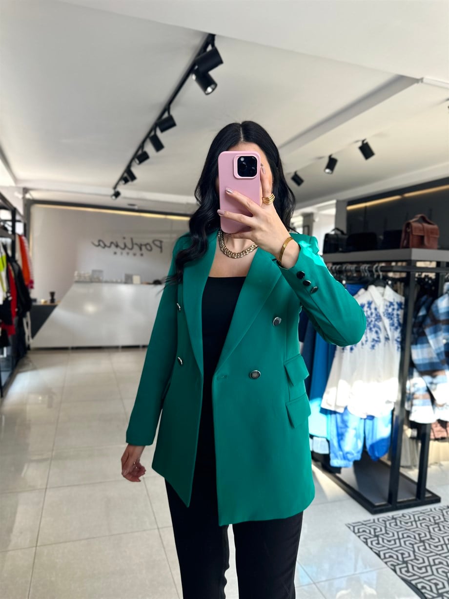 Yeşil Atlas Kumaş Çift Cep Blazer Ceket