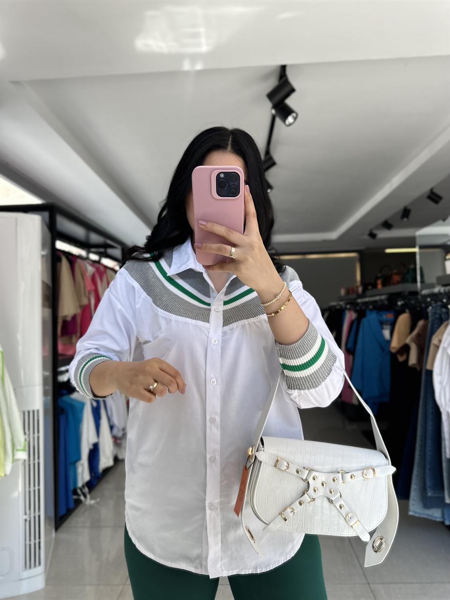 Yeşil Çizgili Triko Detay Beyaz Gömlek