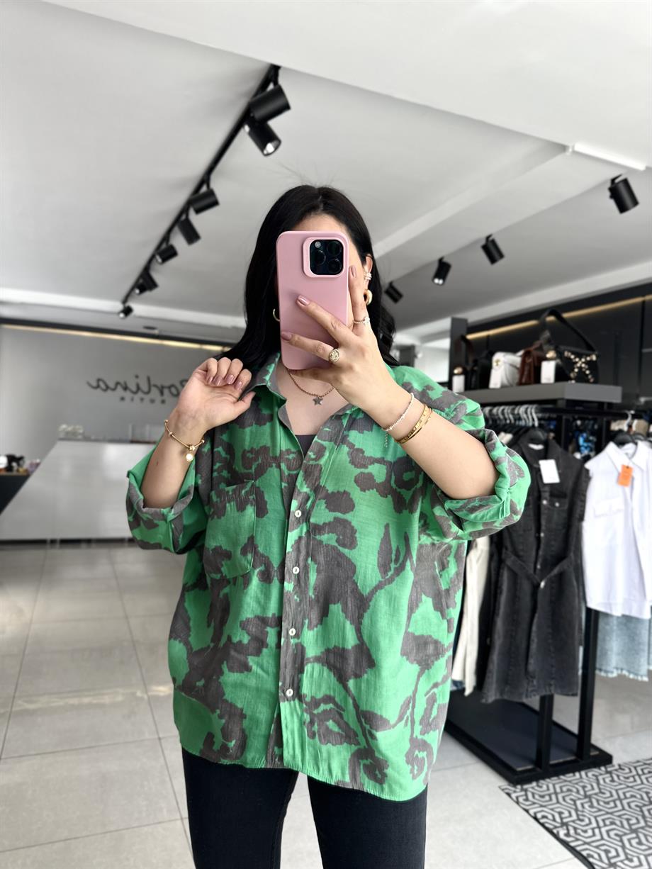 Yeşil Gri Omzu Düşük Oversize Gömlek