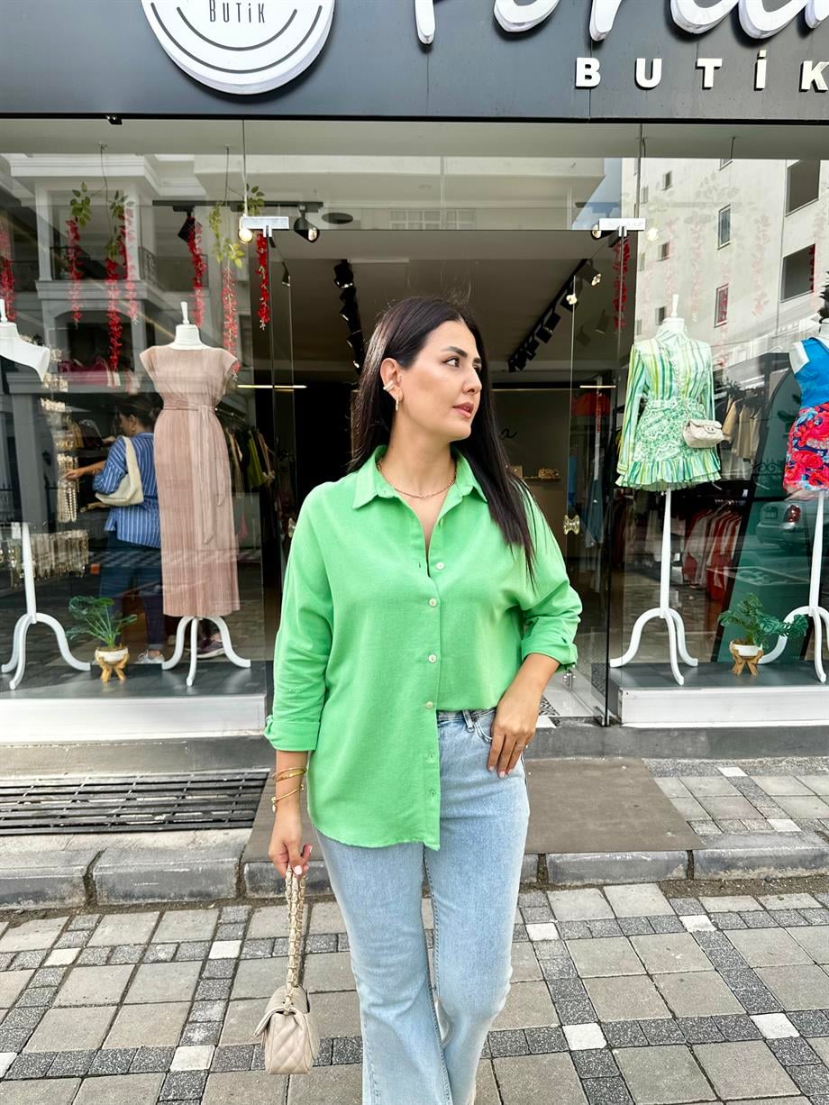 Yeşil Keten Oversize Gömlek