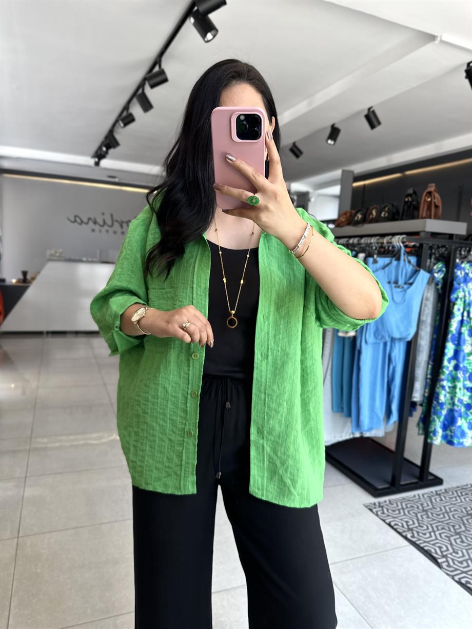 Yeşil Tensel Kumaş Çizgili Oversize Gömlek 