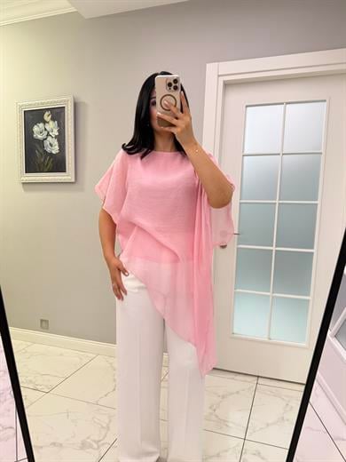 Pembe Asimetrik Kesim Şifon Bluz