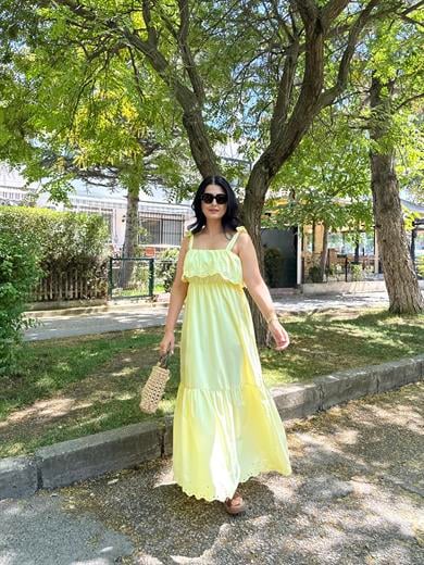 Sarı Fisto Detaylı Poplin Kumaş Elbise 