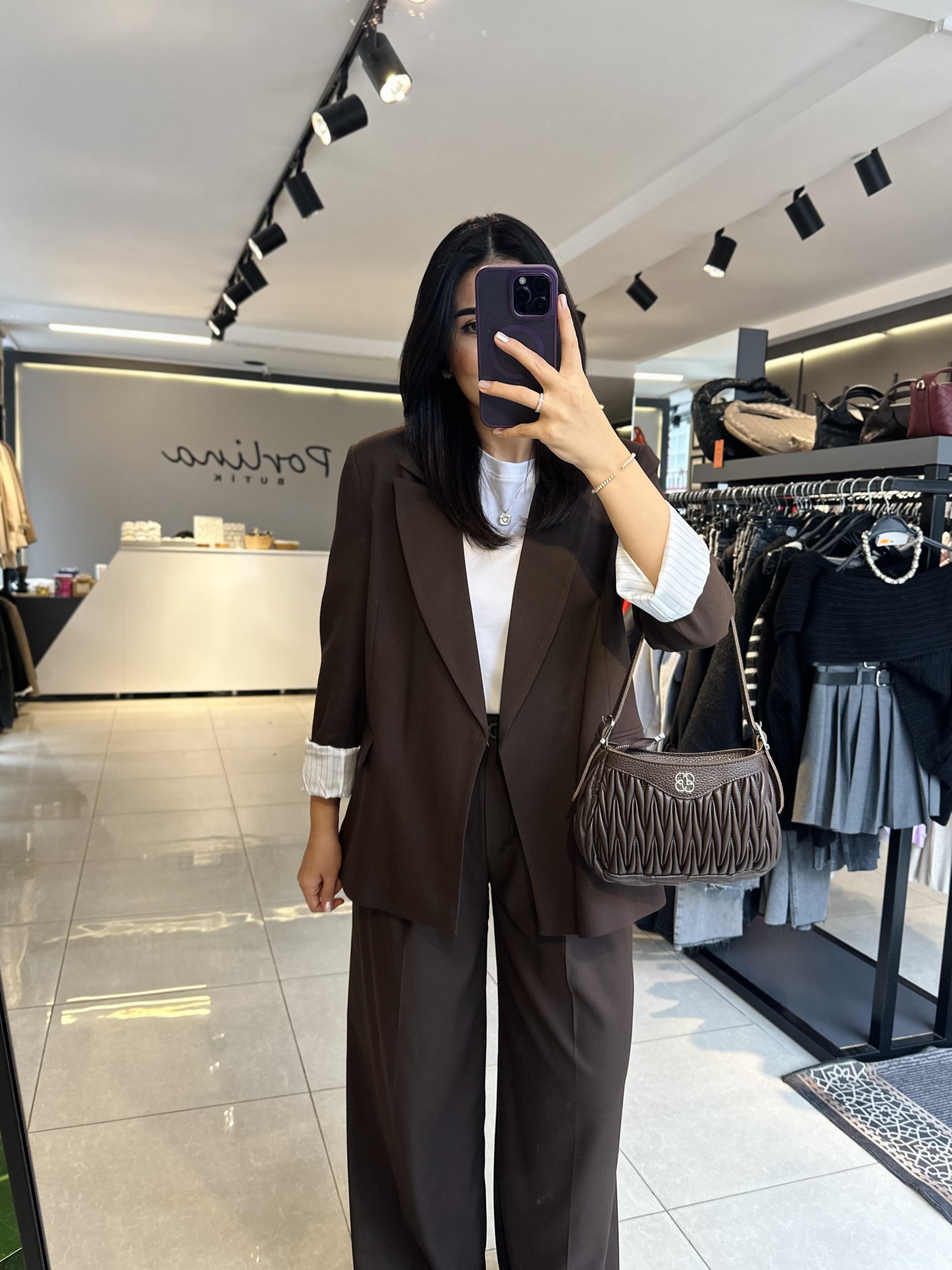 Acı Kahve Çizgili Astarlı Blazer Ceket