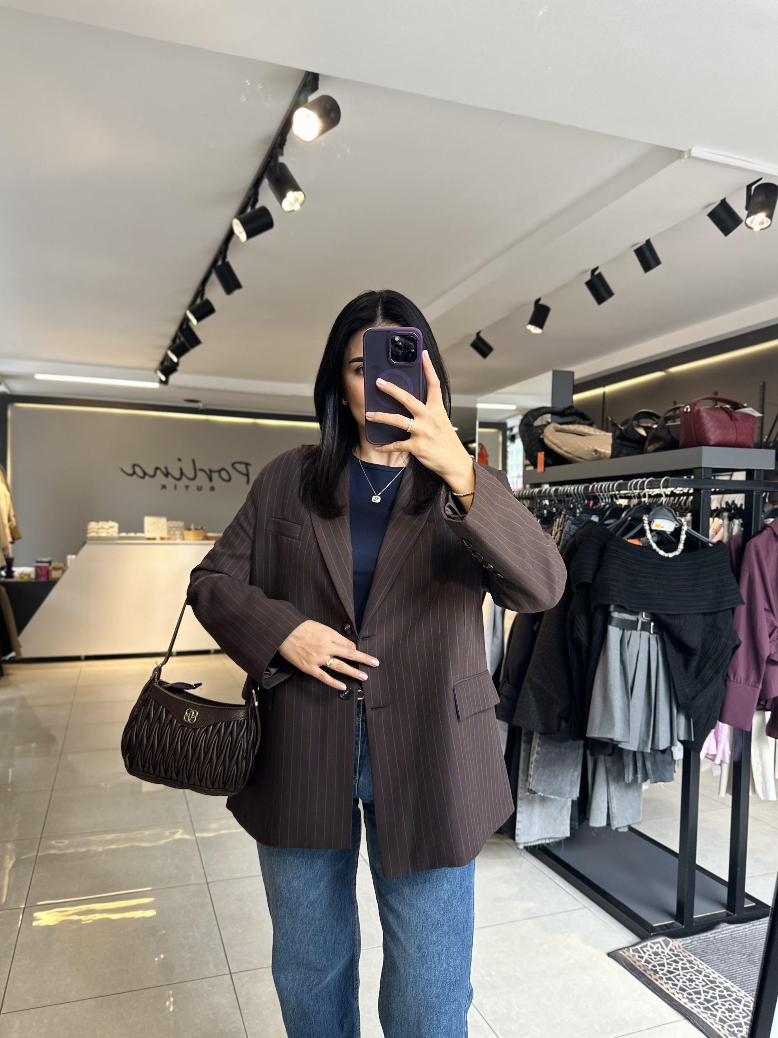 Acı Kahve Çizgili Oversize Blazer Ceket