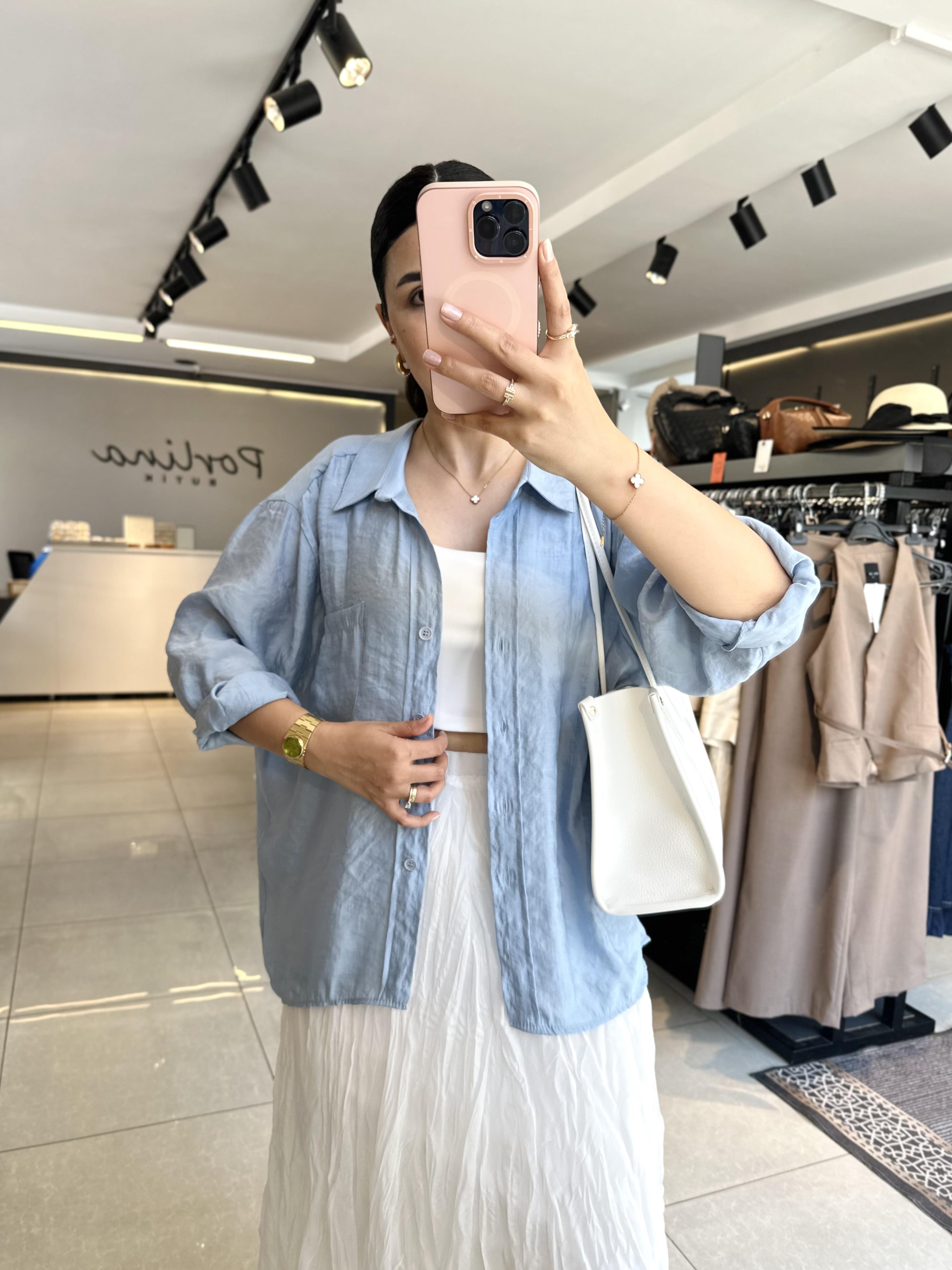 Açık Mavi Tensel Kumaş Düşük Omuzlu Oversize Gömlek