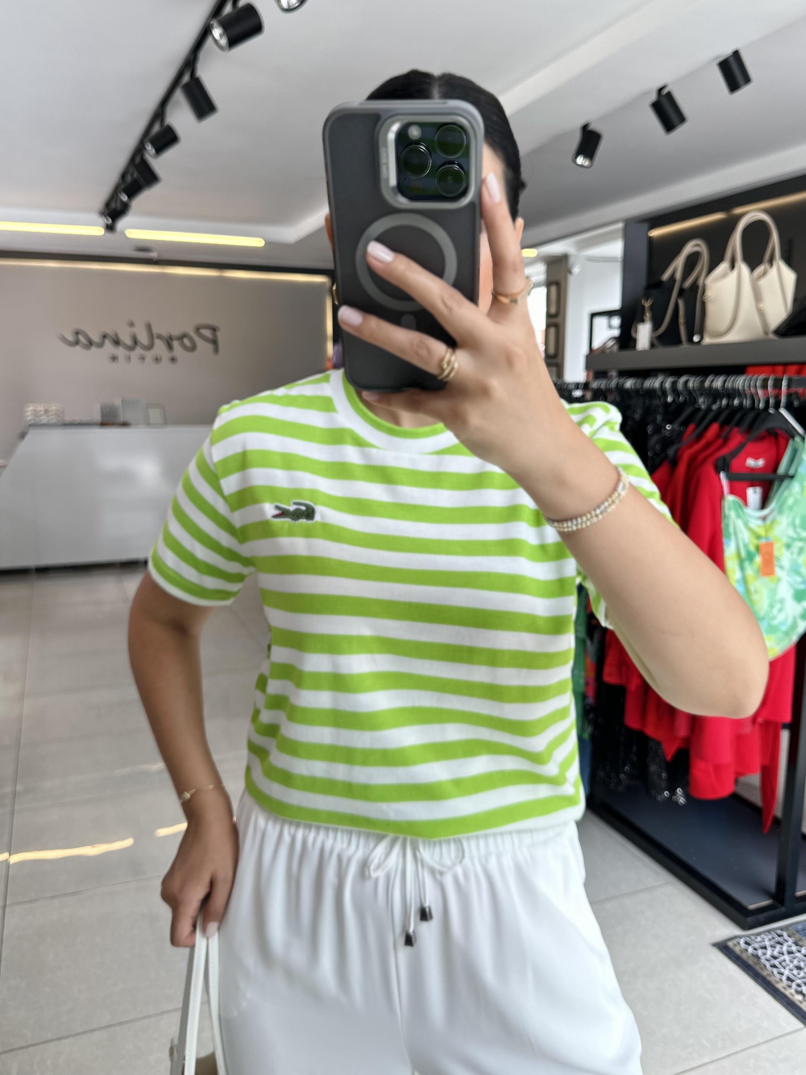 Açık Yeşil Çizgili Marka Tshirt