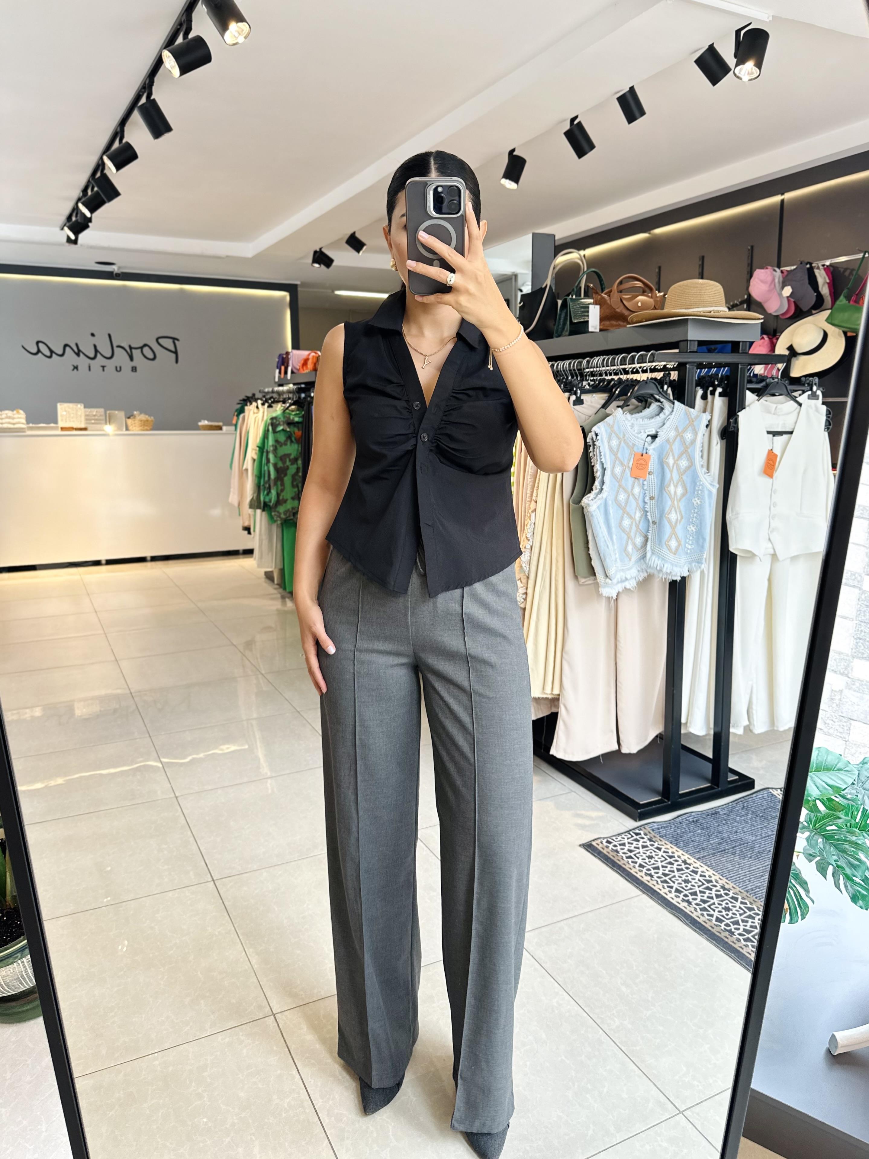 Antrasit Beli Lastikli Ön Dikiş Detaylı Bol Pantolon