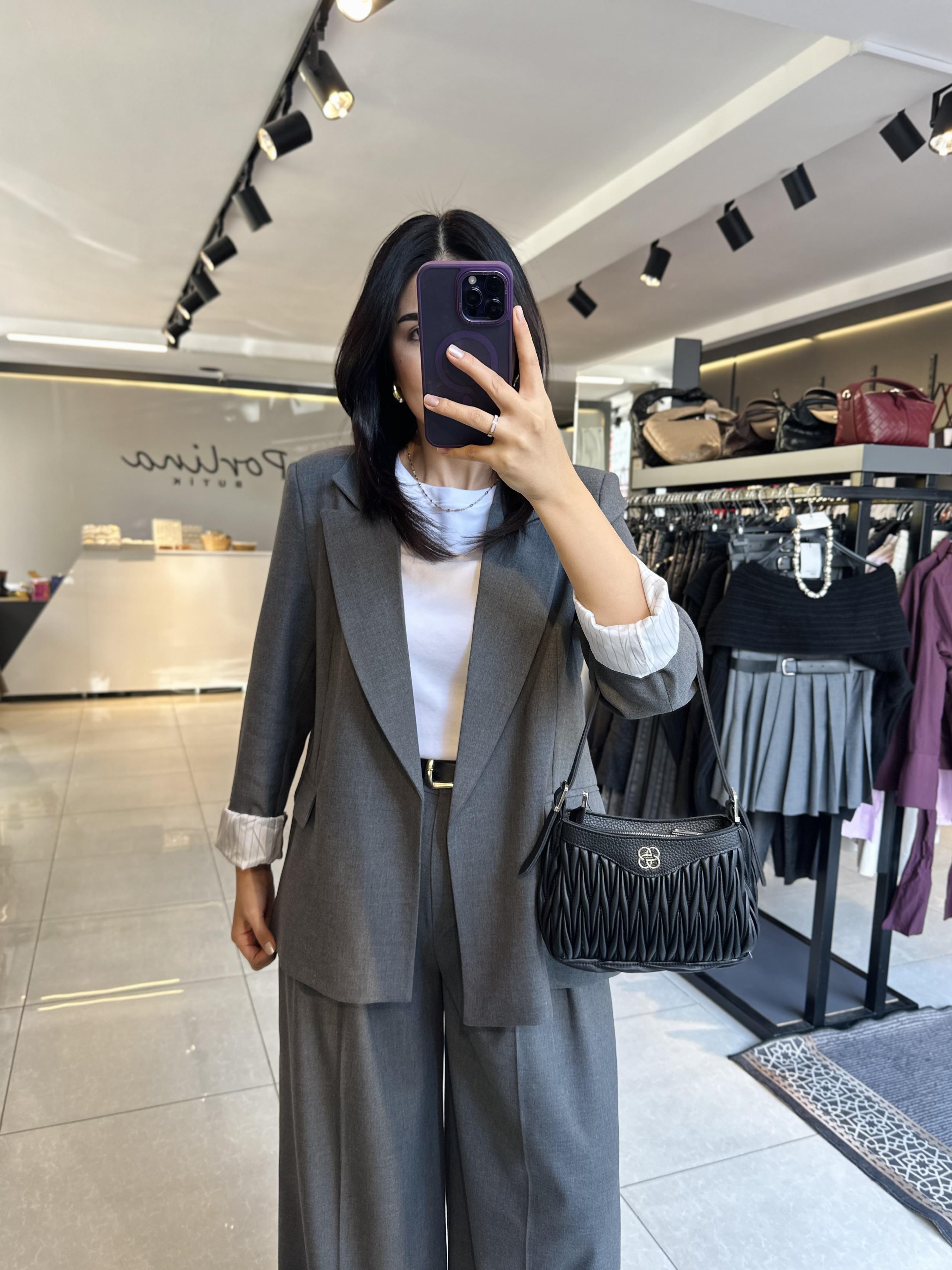 Antrasit Çizgili Astarlı Blazer Ceket