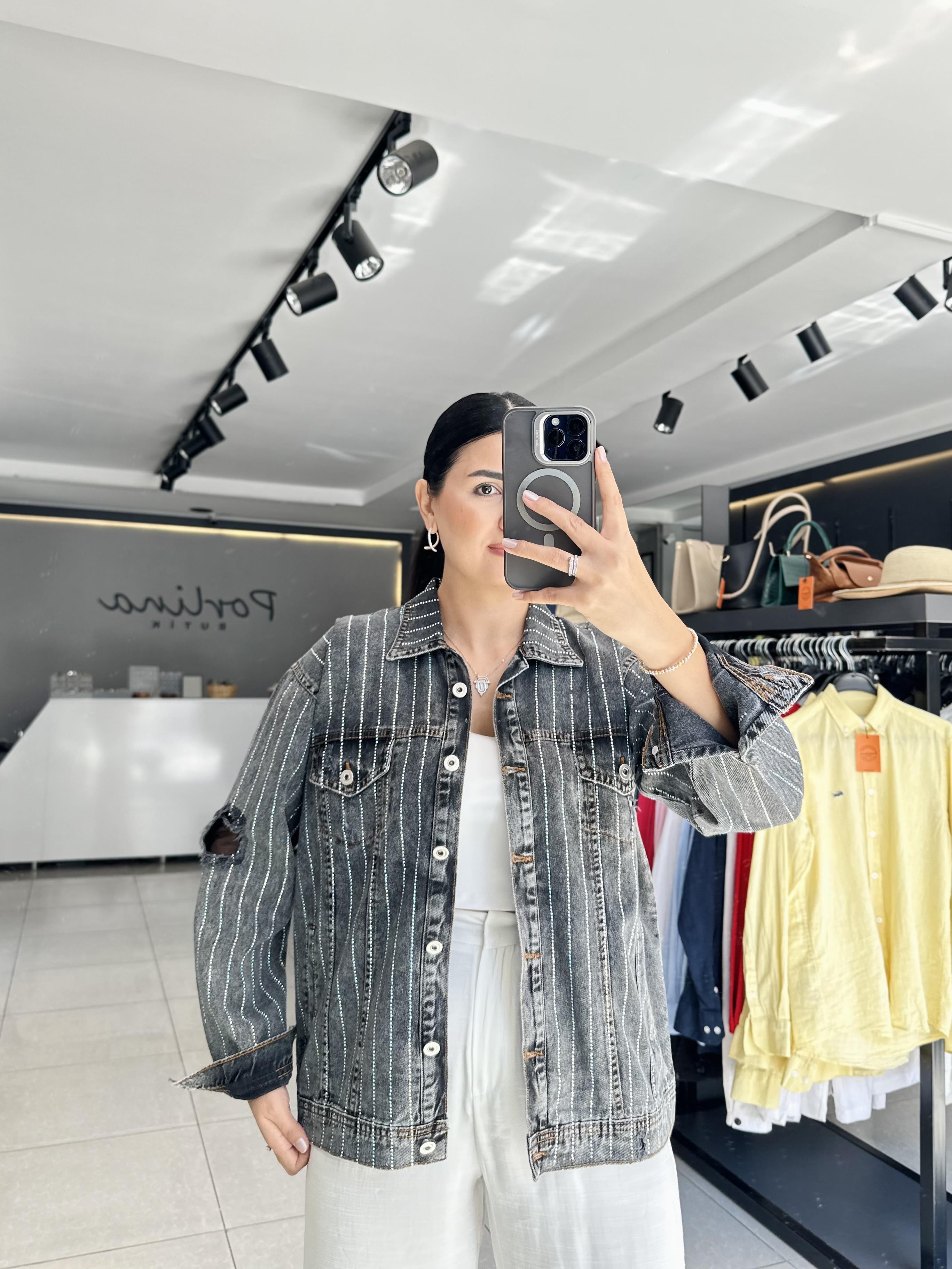 Antrasit Taşlı Jean Ceket