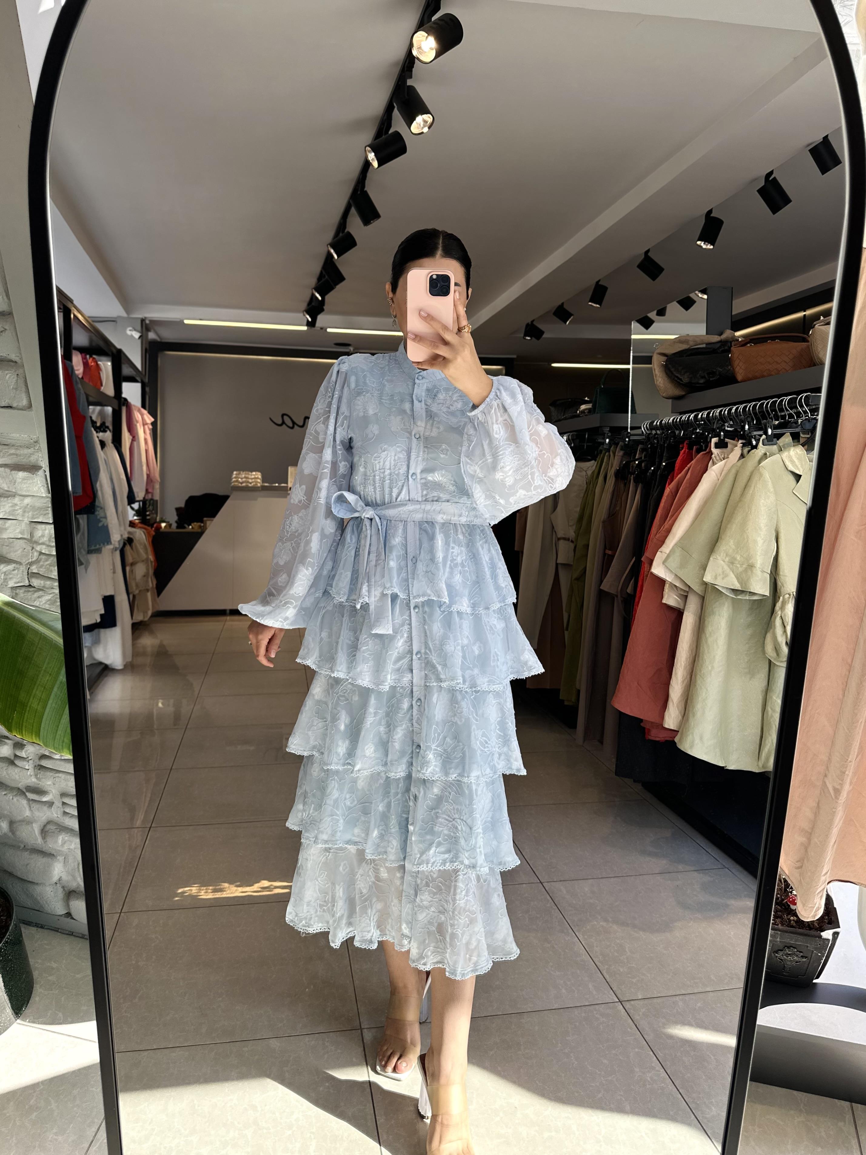 Bebe Mavi Çiçek Desenli Volanlı Elbise