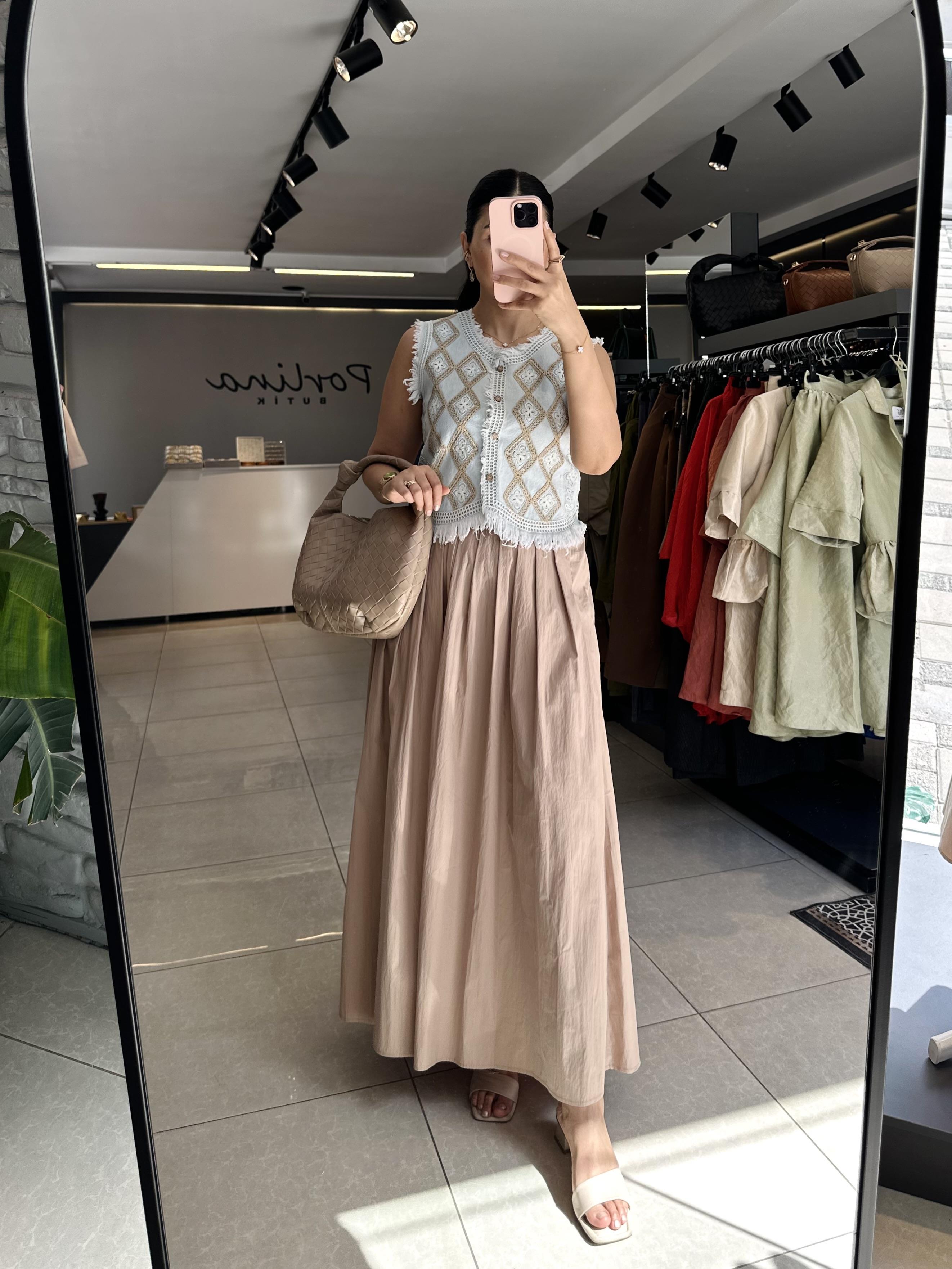 Bej Arka Beli Lastikli Paraşüt Kumaş Kloş Etek