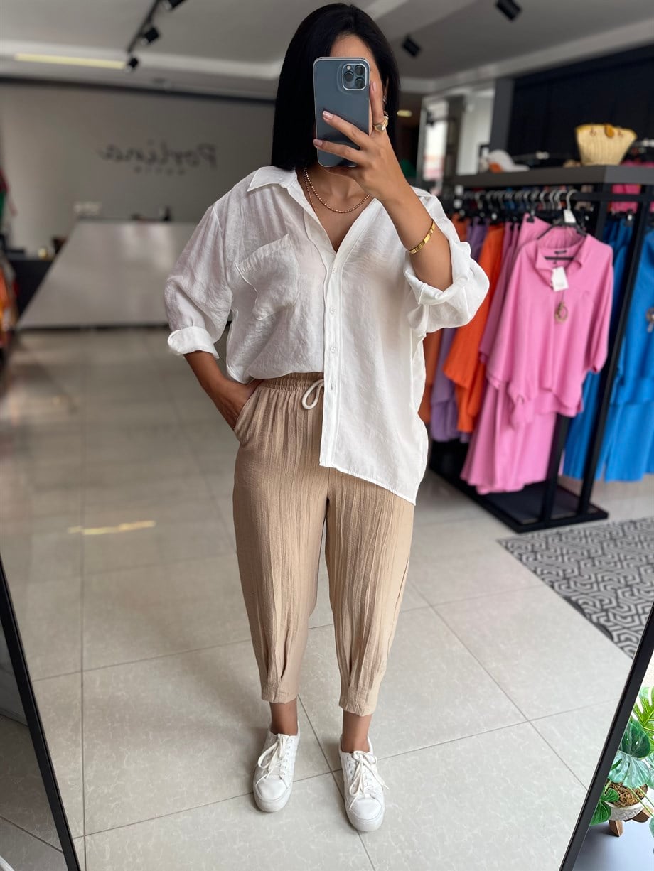 Bej Paça Pileli Beli Bağcıklı Pantolon