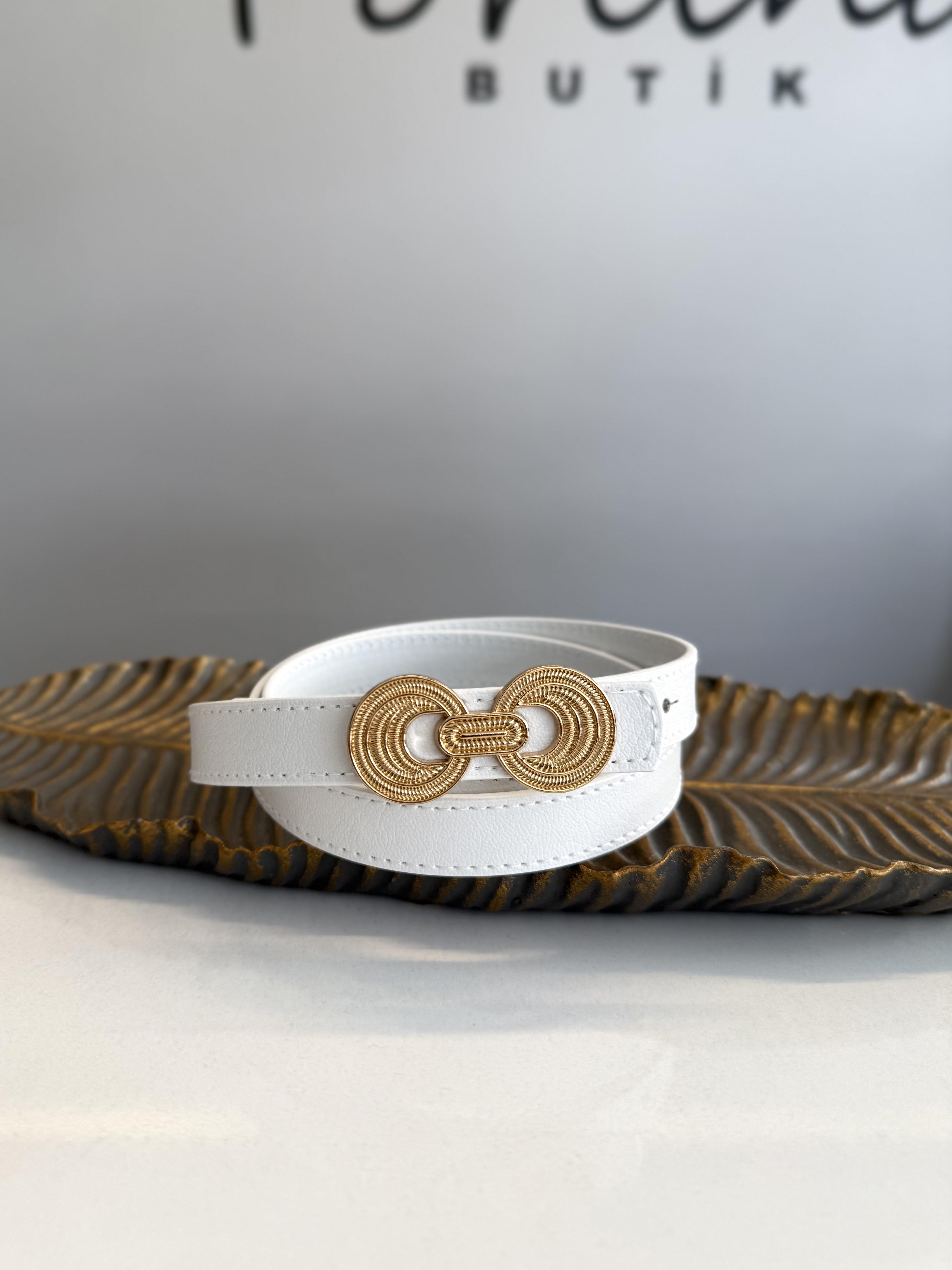 Beyaz Çift Halka Tokalı Kemer