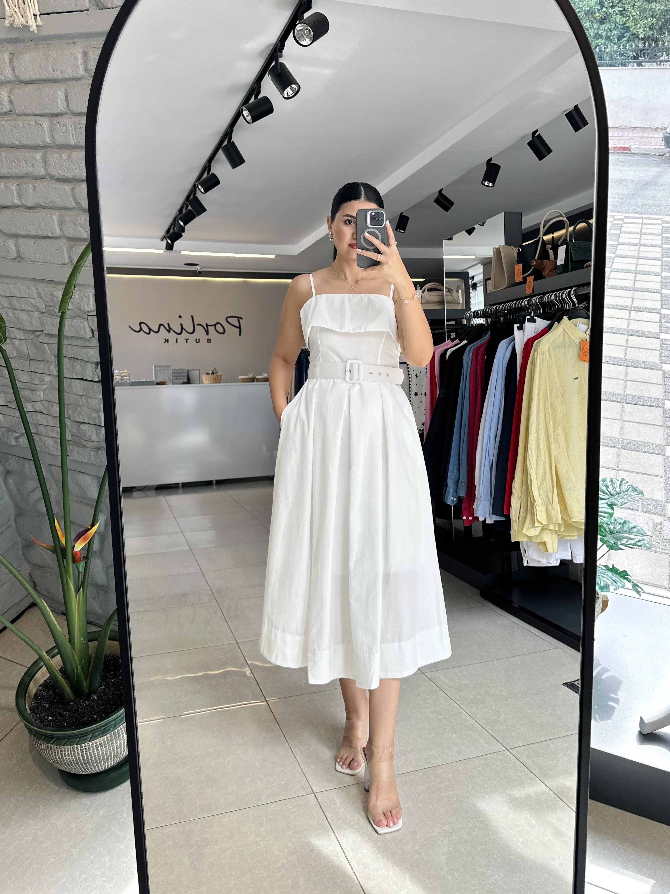 Beyaz İp Askılı Poplin Elbise