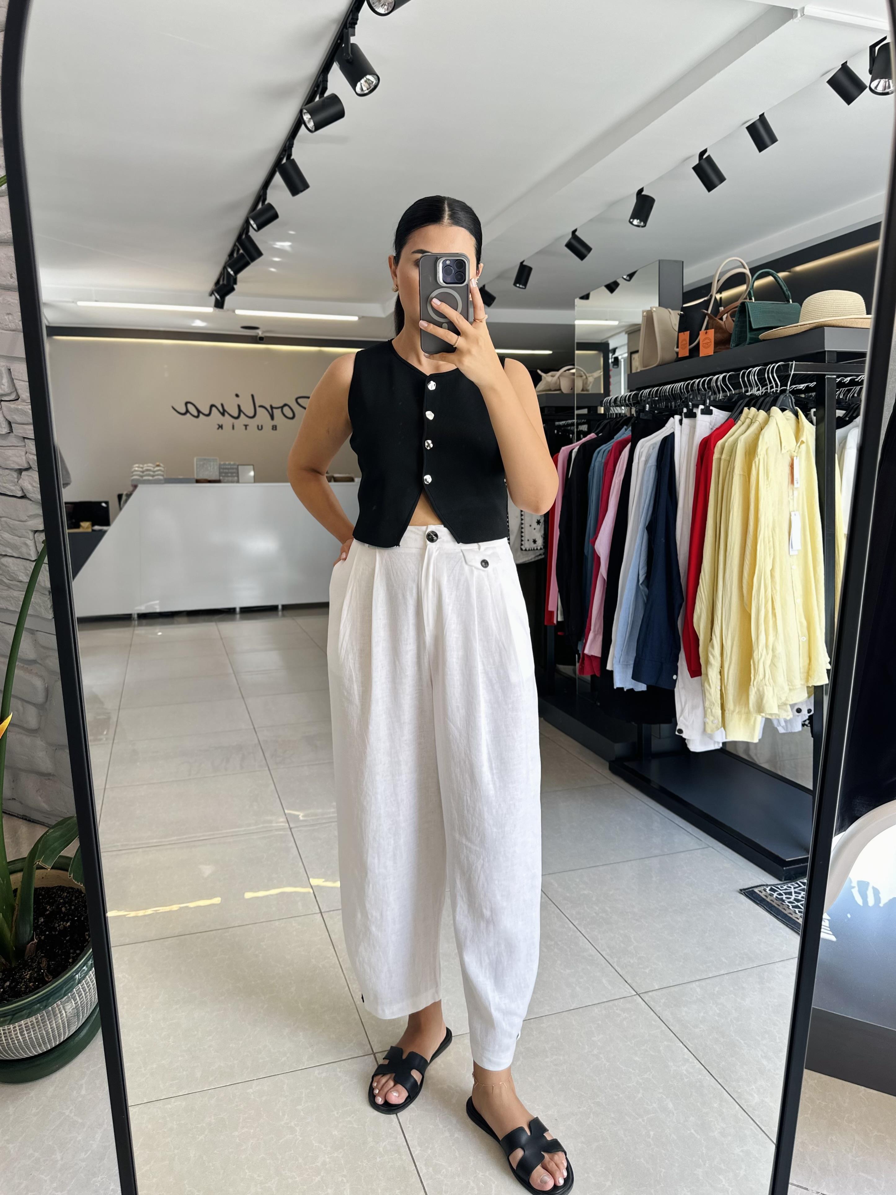 Beyaz Paça Düğmeli Keten Pantolon