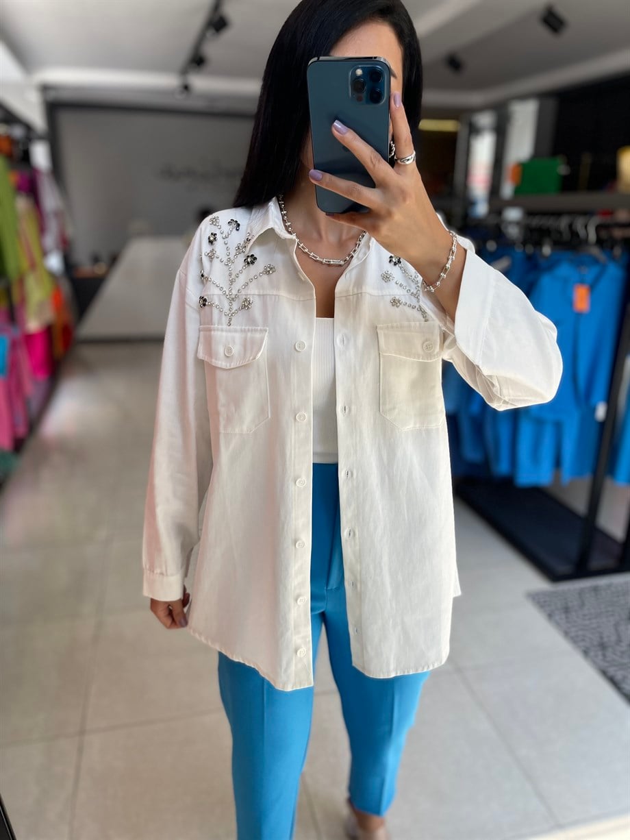 Beyaz Tasarım Taş İşlemeli Denim Ceket
