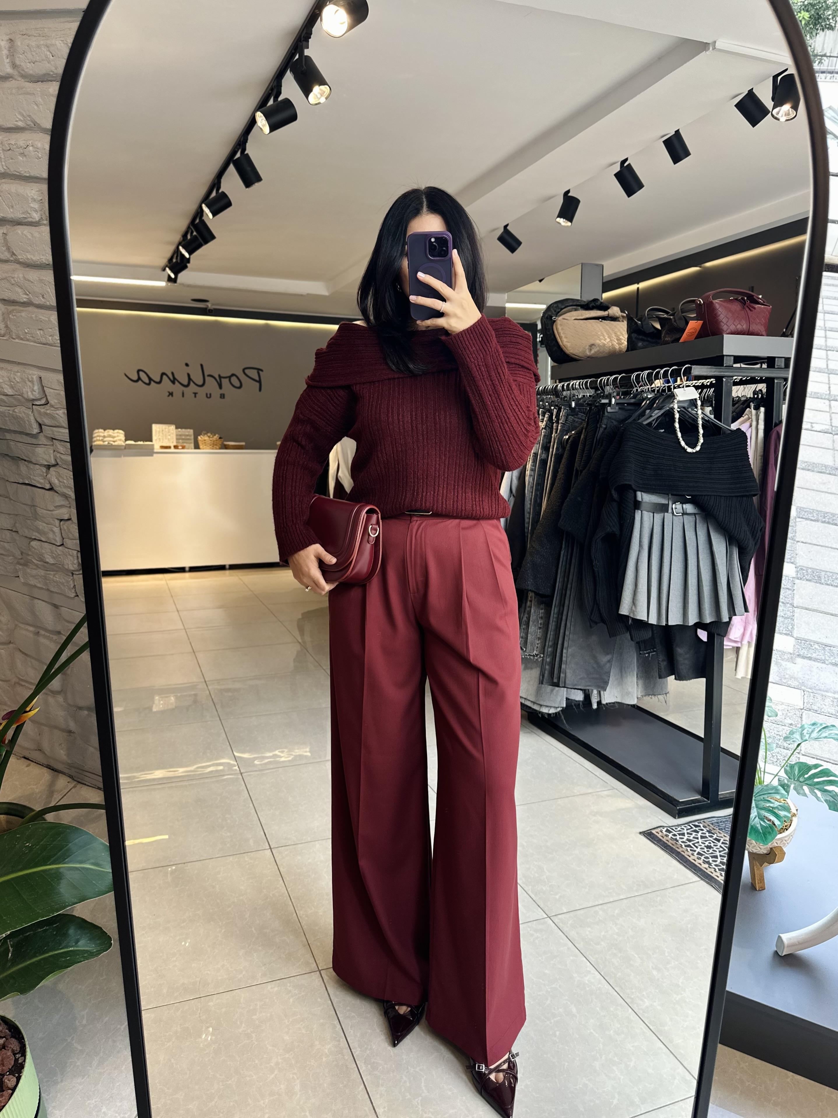 Bordo Çift Pileli Bol Paça Palazzo Pantolon